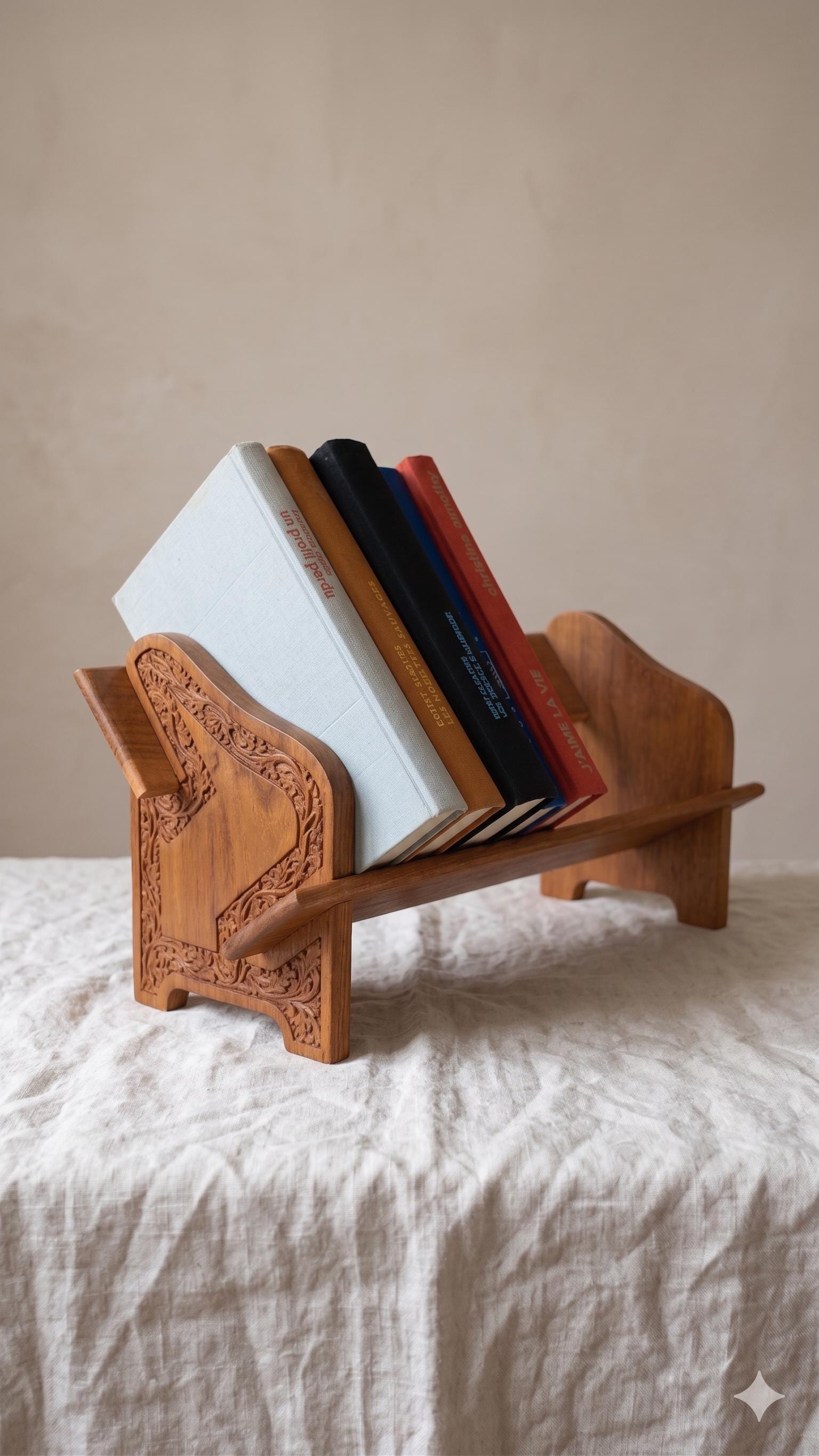 Vintage Hand Carved Wooden Magazine Rack