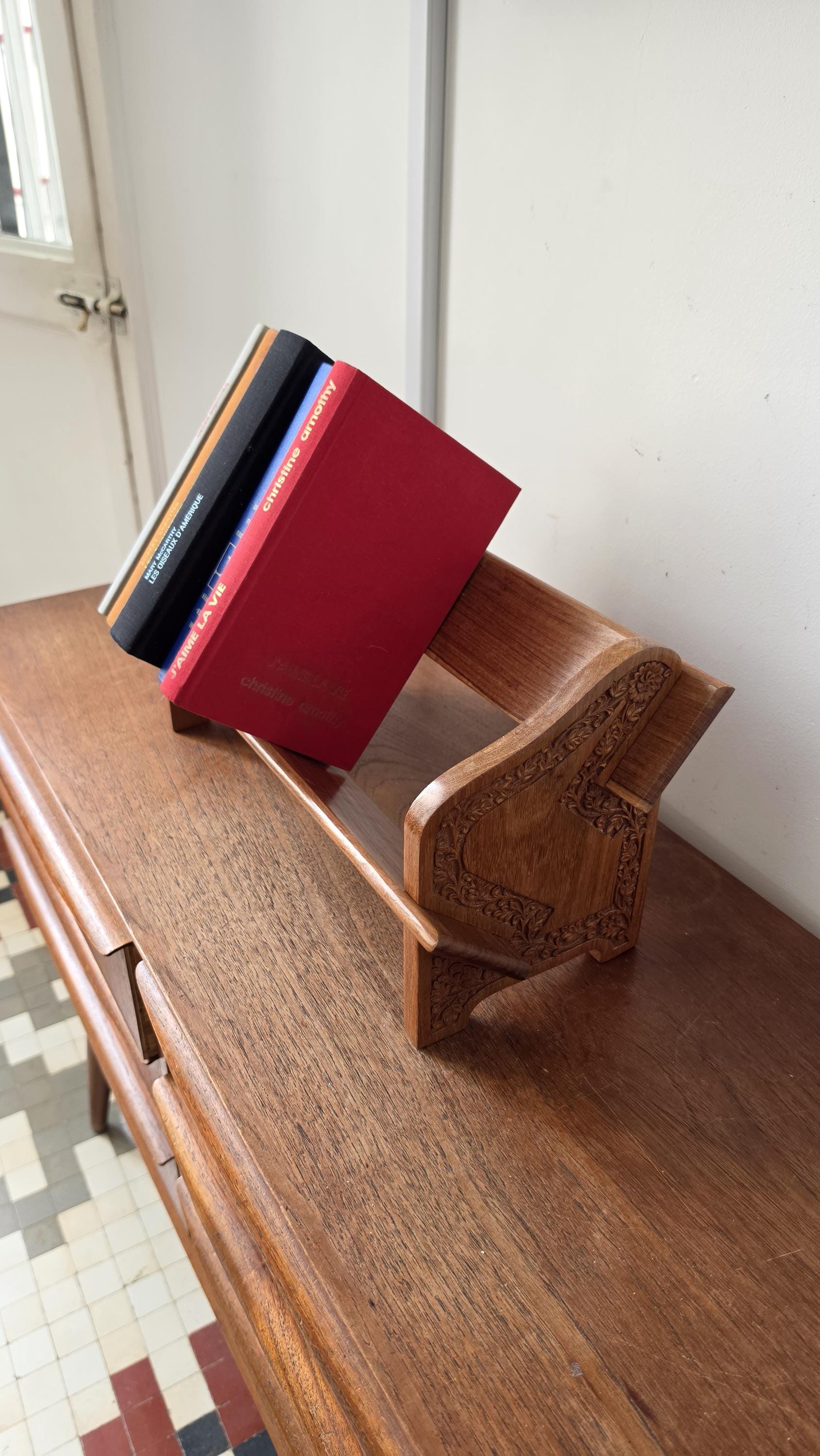 Vintage Hand Carved Wooden Magazine Rack, Boho Teak Book Holder, Folk Art Newspaper Stand, Mid Century Rustic Wood Storage