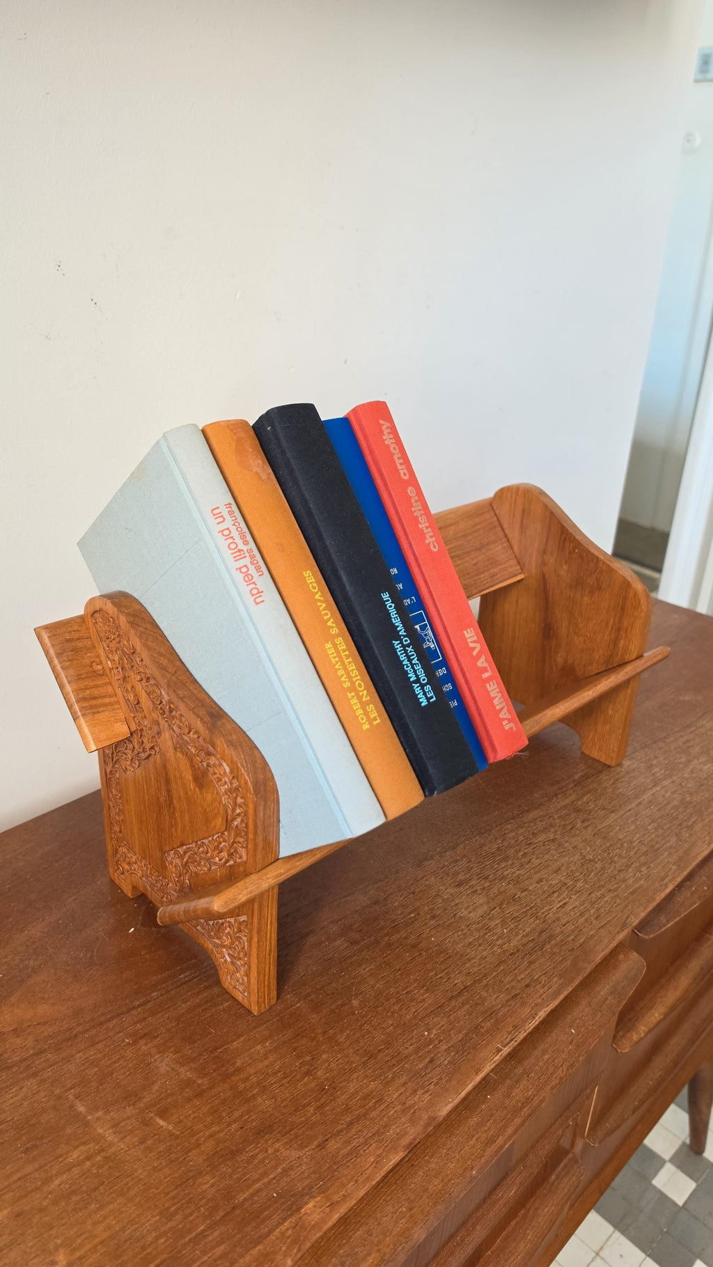 Vintage Hand Carved Wooden Magazine Rack, Boho Teak Book Holder, Folk Art Newspaper Stand, Mid Century Rustic Wood Storage