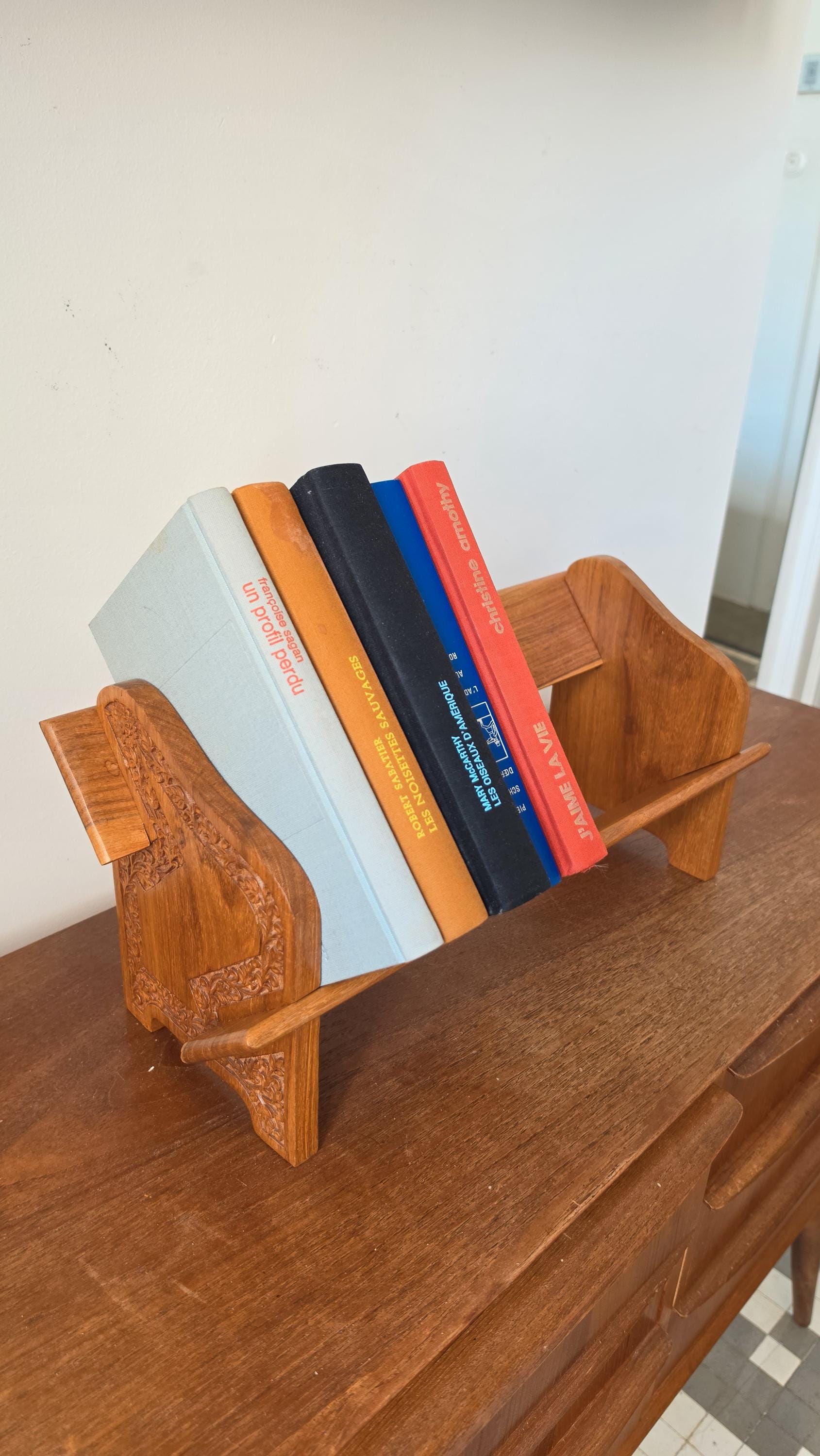 Vintage Hand Carved Wooden Magazine Rack, Boho Teak Book Holder, Folk Art Newspaper Stand, Mid Century Rustic Wood Storage