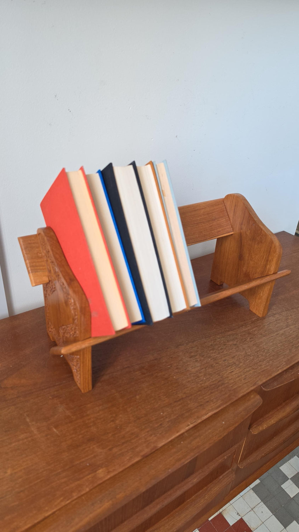 Vintage Hand Carved Wooden Magazine Rack, Boho Teak Book Holder, Folk Art Newspaper Stand, Mid Century Rustic Wood Storage