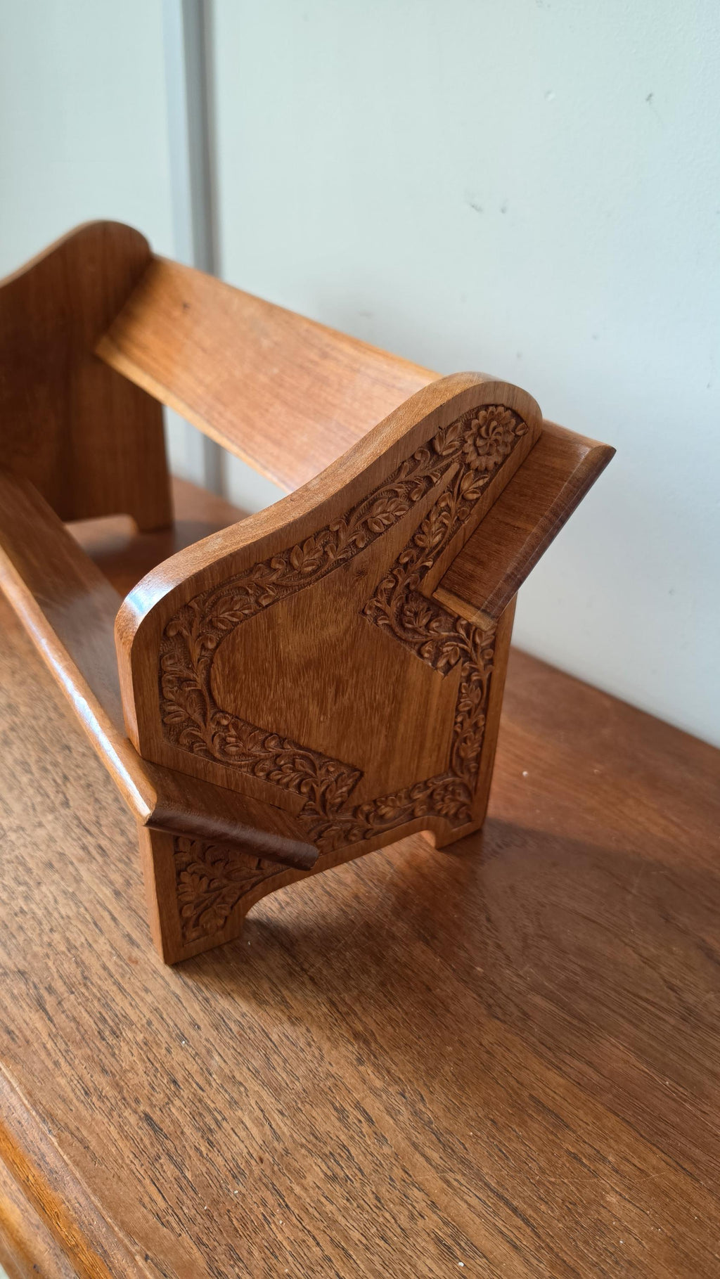 Vintage Hand Carved Wooden Magazine Rack, Boho Teak Book Holder, Folk Art Newspaper Stand, Mid Century Rustic Wood Storage