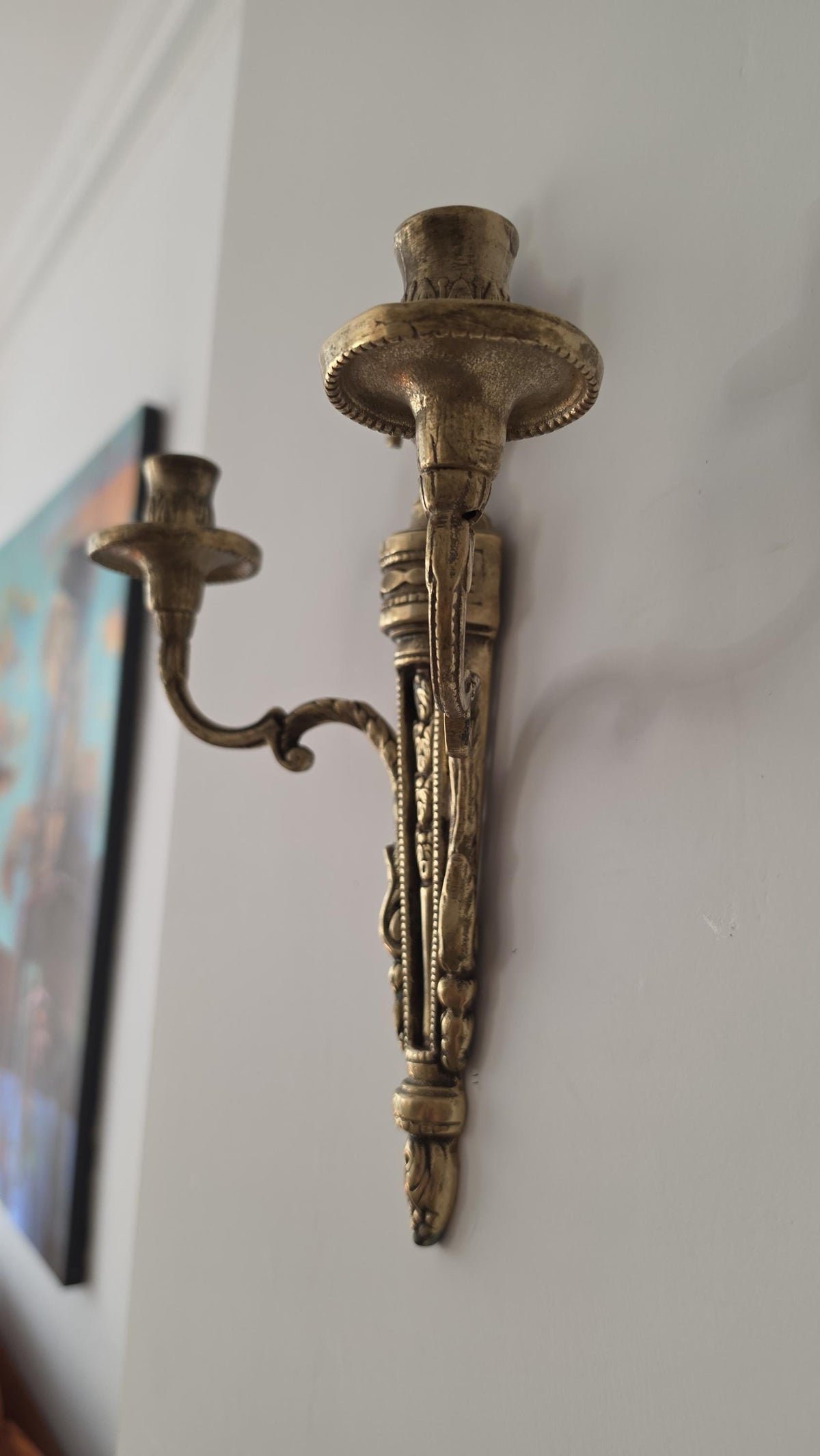 Pair Vintage Bronze Wall Candle Sconces, French Regency Style Candelabra, Hollywood Regency Brass Wall Decor, Neoclassical Candle Holders