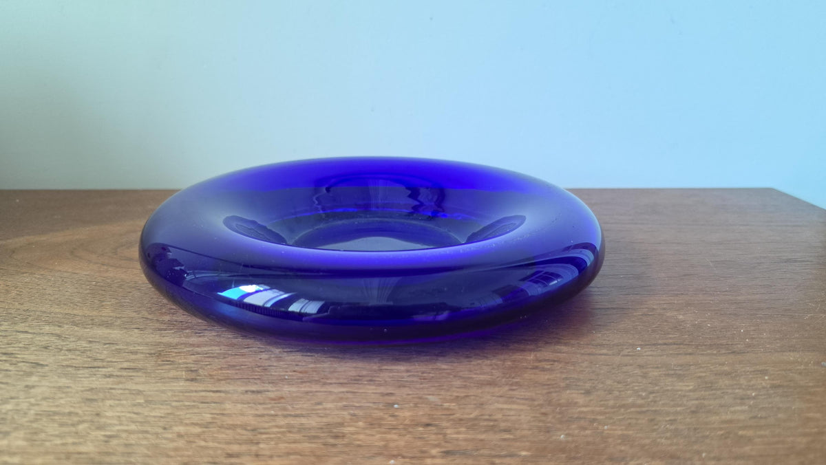 Vintage Cobalt Blue Glass Bowl, Mid Century Modern Art Glass Dish, Heavy Scandinavian Style Centerpiece, Sapphire Blue Catchall
