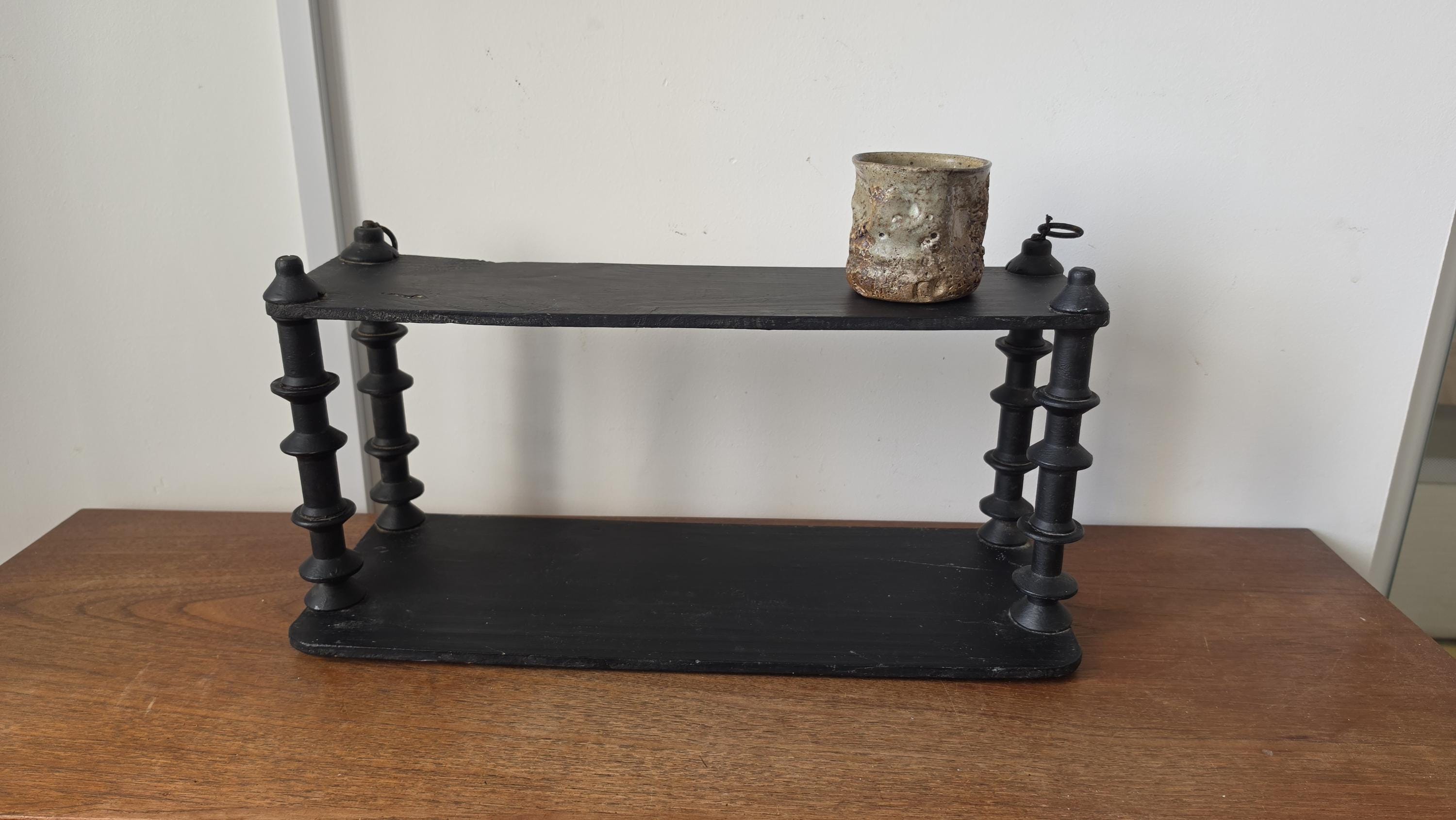 Vintage Wooden black Tiered Shelf, Turned Spindle Display Stand, Rustic 2 Tier Wall Shelf, Folk Art Wood Rack, Cottage Decor