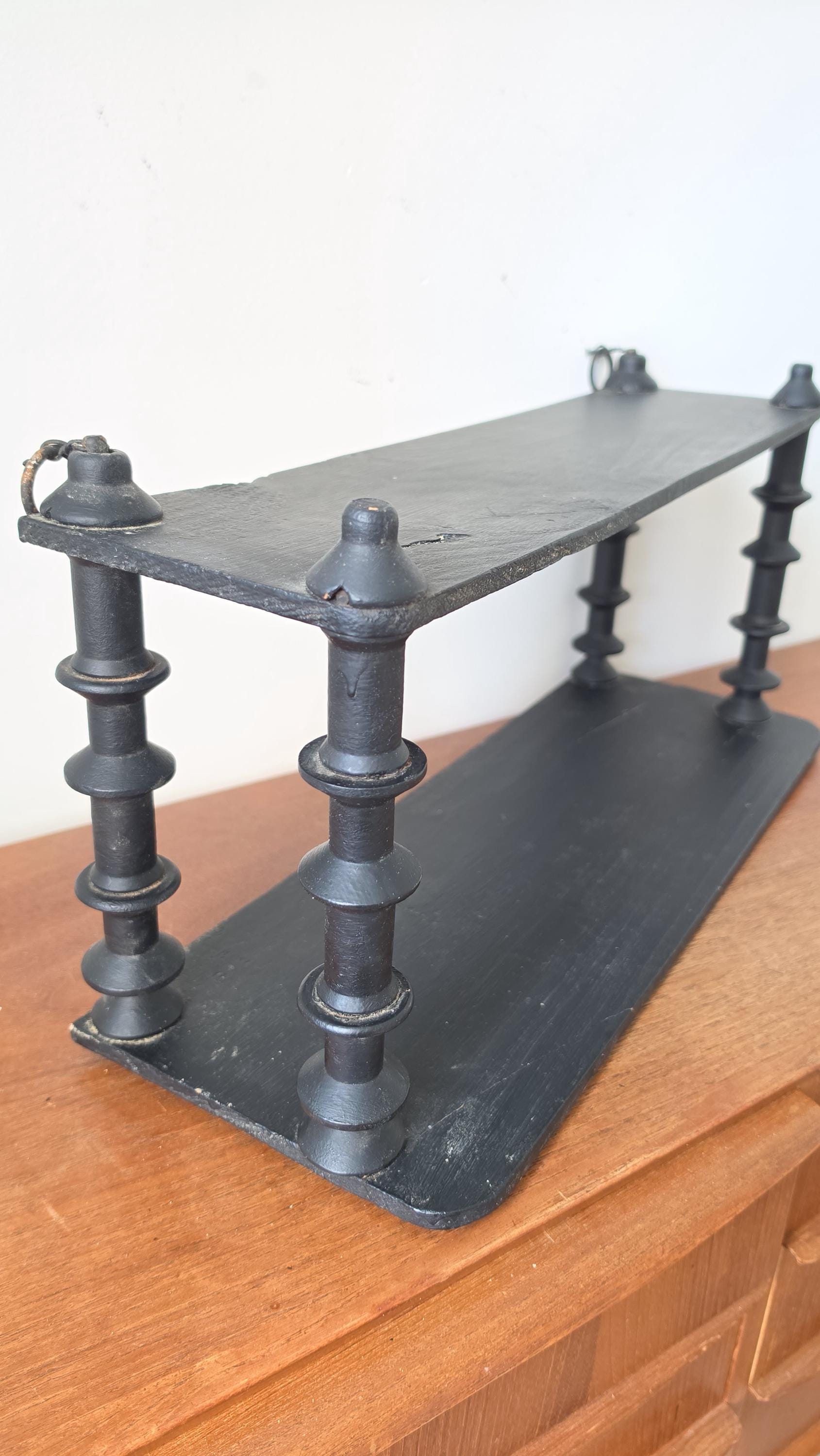 Vintage Wooden black Tiered Shelf, Turned Spindle Display Stand, Rustic 2 Tier Wall Shelf, Folk Art Wood Rack, Cottage Decor