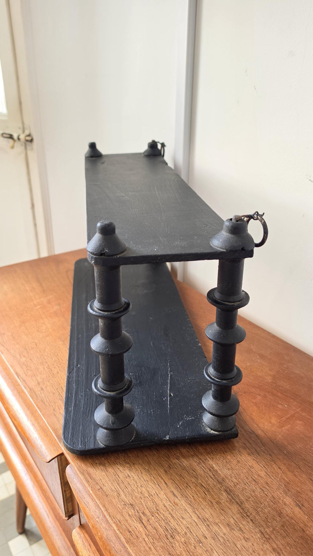 Vintage Wooden black Tiered Shelf, Turned Spindle Display Stand, Rustic 2 Tier Wall Shelf, Folk Art Wood Rack, Cottage Decor