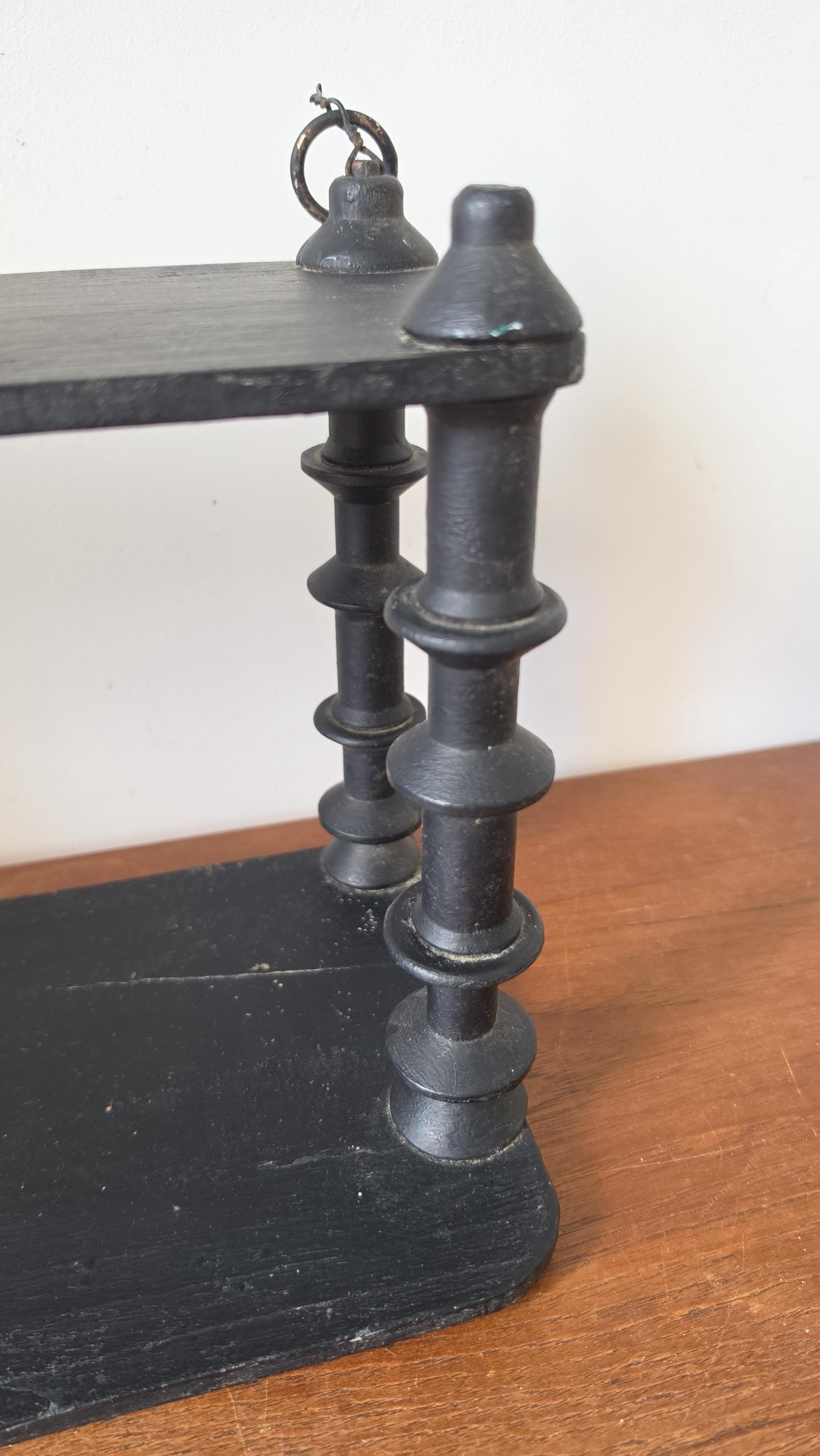 Vintage Wooden black Tiered Shelf, Turned Spindle Display Stand, Rustic 2 Tier Wall Shelf, Folk Art Wood Rack, Cottage Decor