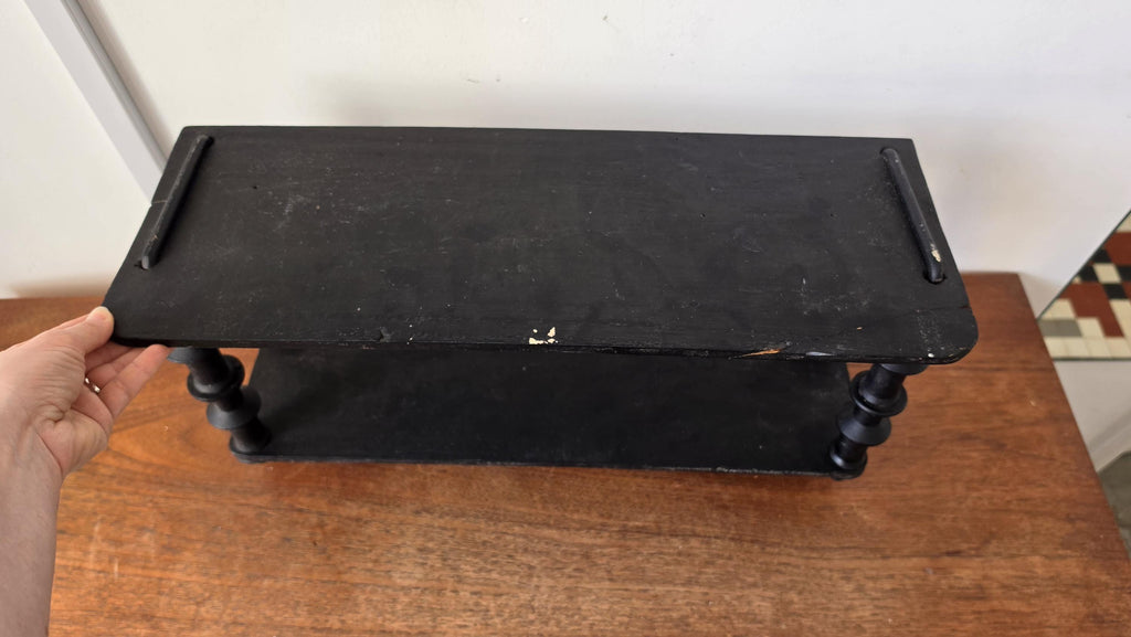 Vintage Wooden black Tiered Shelf, Turned Spindle Display Stand, Rustic 2 Tier Wall Shelf, Folk Art Wood Rack, Cottage Decor