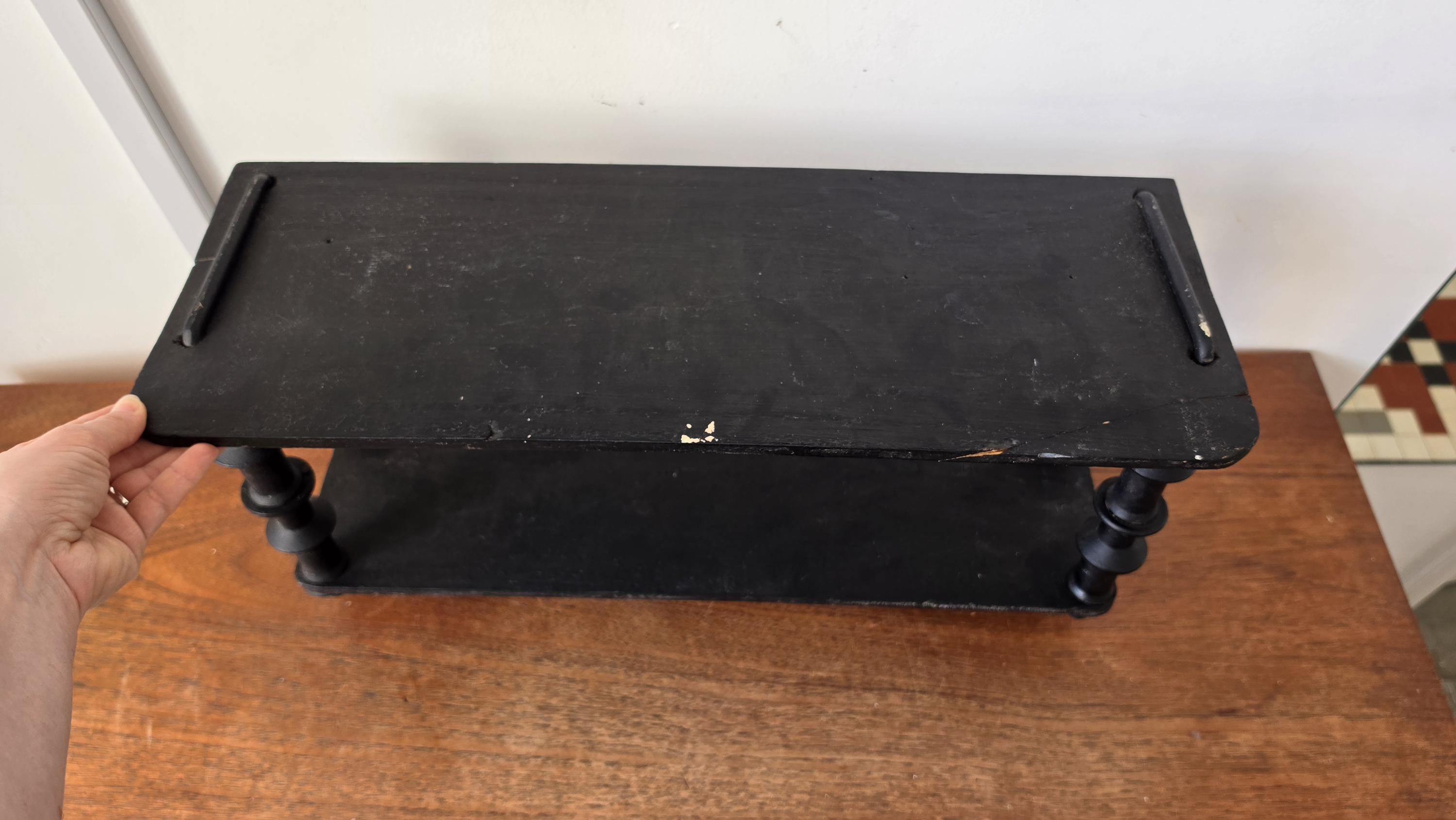 Vintage Wooden black Tiered Shelf, Turned Spindle Display Stand, Rustic 2 Tier Wall Shelf, Folk Art Wood Rack, Cottage Decor