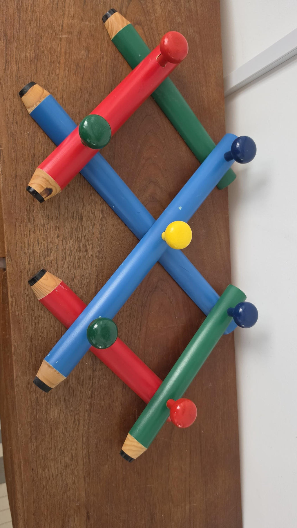 Pierre Sala Memphis Style Coat Rack, Vintage Postmodern Pencil Wall Hooks, Colorful 1980s Wooden Wall Rack, Italian Design
