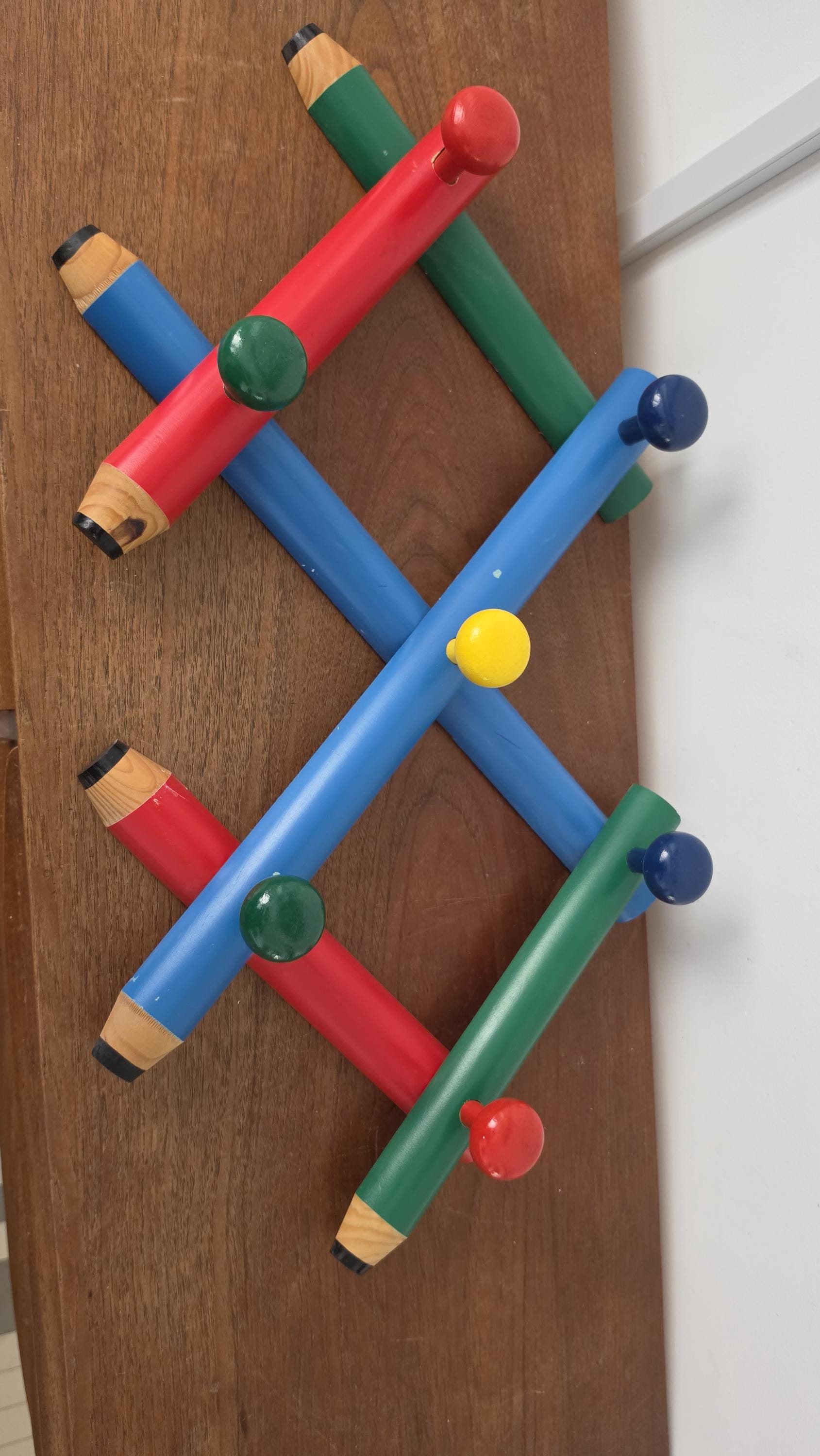 Pierre Sala Memphis Style Coat Rack, Vintage Postmodern Pencil Wall Hooks, Colorful 1980s Wooden Wall Rack, Italian Design