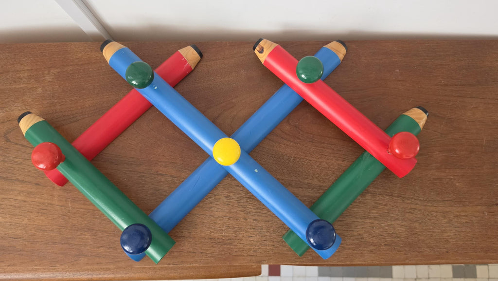 Pierre Sala Memphis Style Coat Rack, Vintage Postmodern Pencil Wall Hooks, Colorful 1980s Wooden Wall Rack, Italian Design
