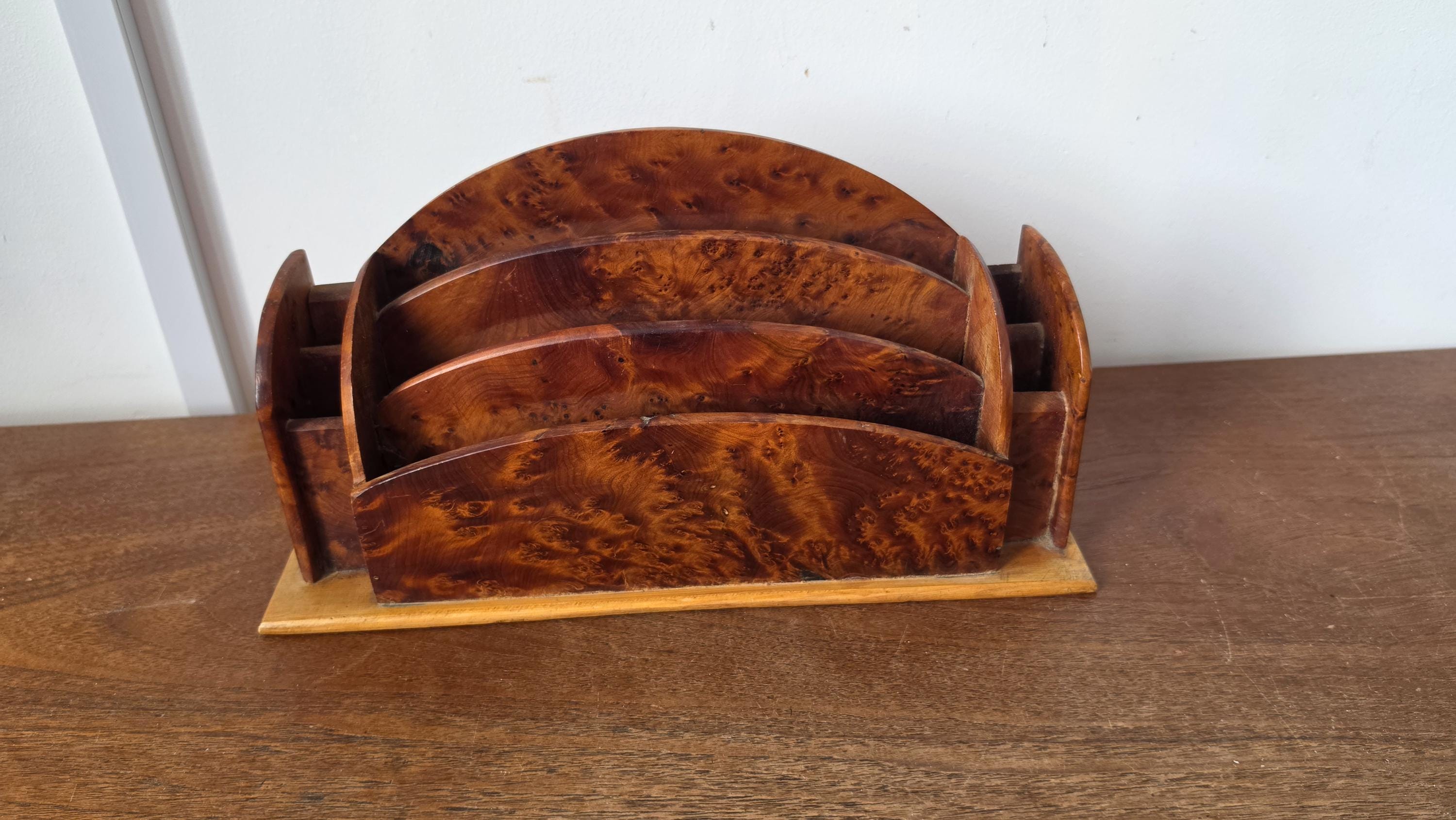 Vintage Burl Wood Desk Organizer, Ralph Lauren Style Office, Curved Letter Holder, Old World Study Decor, Executive Desk Storage