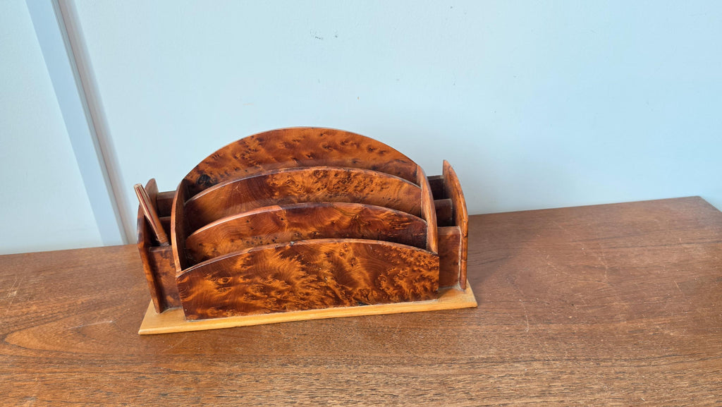 Vintage Burl Wood Desk Organizer, Ralph Lauren Style Office, Curved Letter Holder, Old World Study Decor, Executive Desk Storage