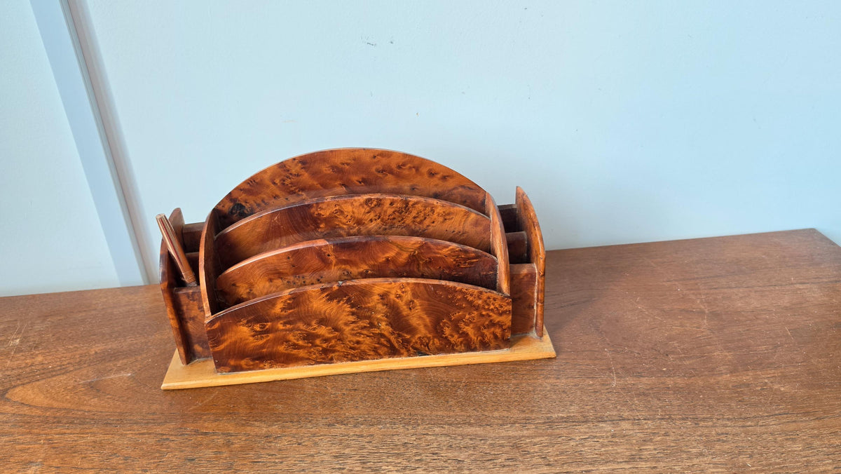 Vintage Burl Wood Desk Organizer, Ralph Lauren Style Office, Curved Letter Holder, Old World Study Decor, Executive Desk Storage
