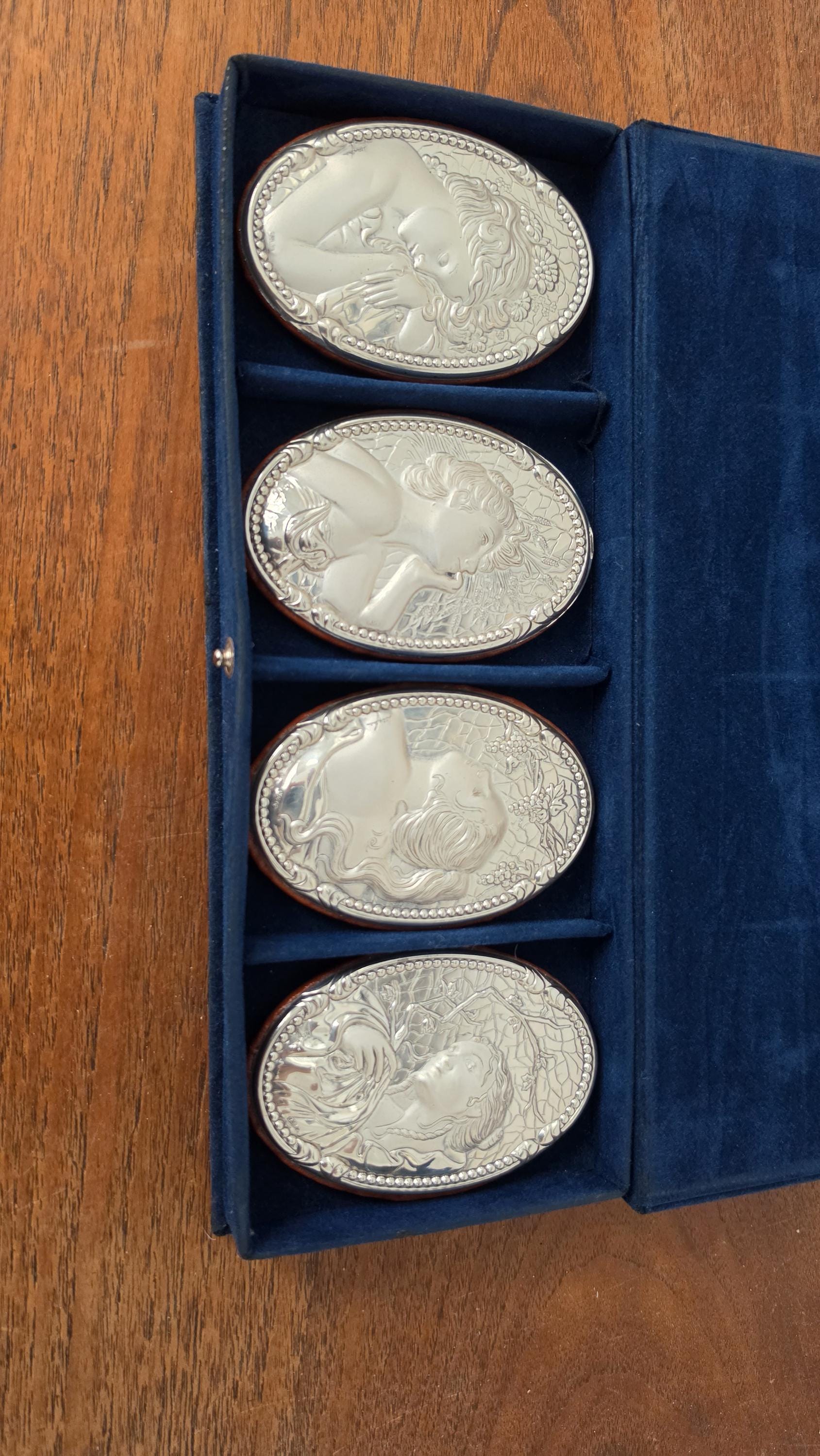 Signed Art Nouveau Four Seasons Silver Plaques, Victorian Women Relief Medallions in Original Presentation Box