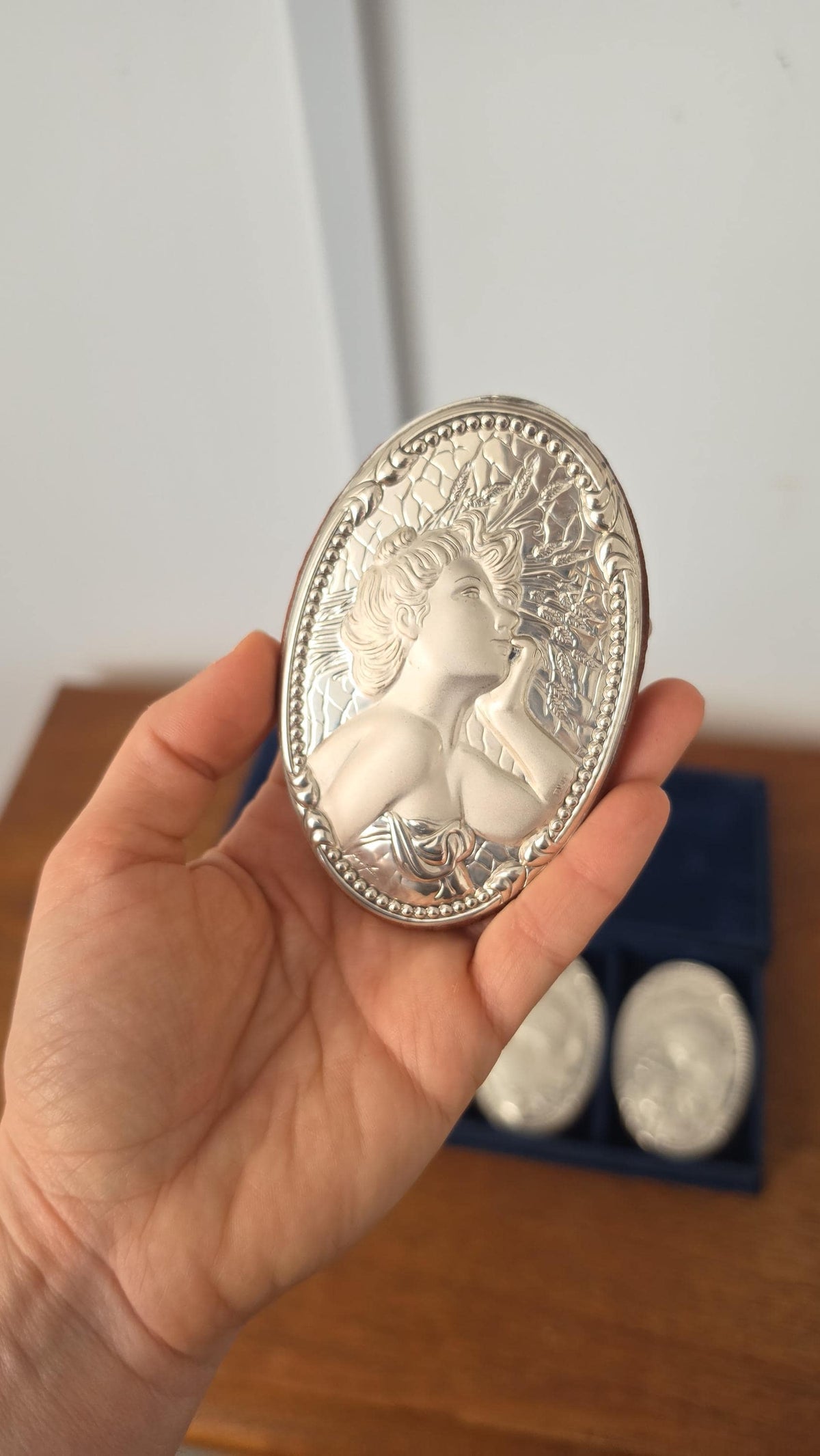 Signed Art Nouveau Four Seasons Silver Plaques, Victorian Women Relief Medallions in Original Presentation Box