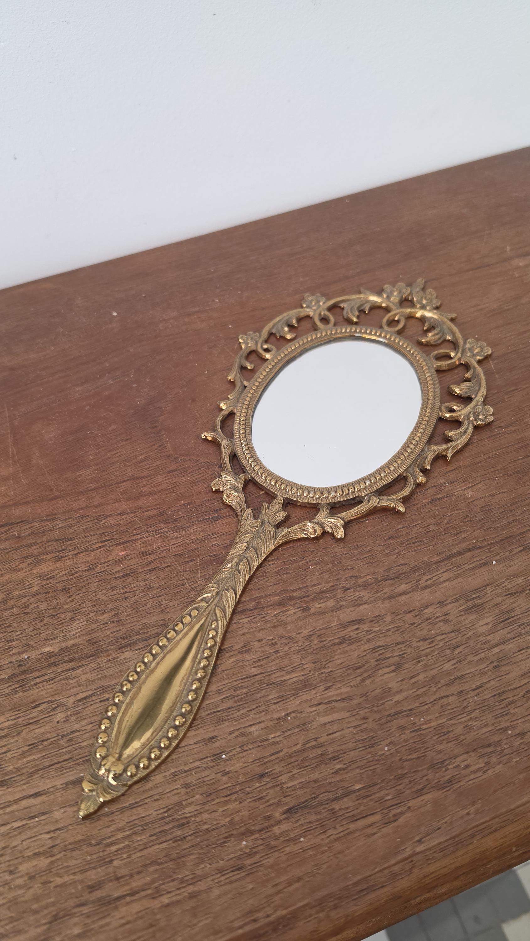 Vintage Ornate Gold Vanity Hand Mirror, Hollywood Regency Brass Tone Mirror, Rococo Style Dressing Table Décor, Italian Style Vanity