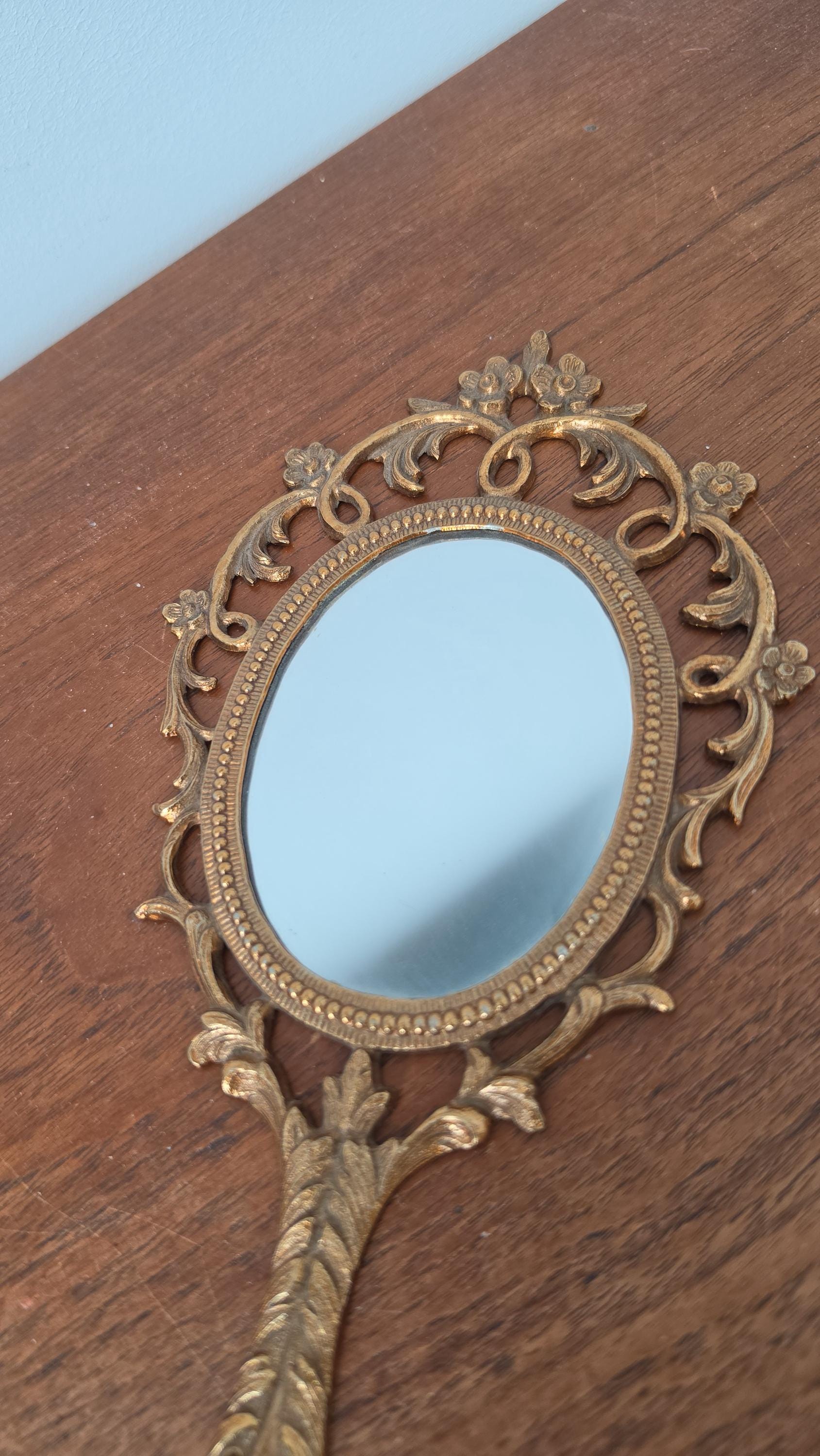Vintage Ornate Gold Vanity Hand Mirror, Hollywood Regency Brass Tone Mirror, Rococo Style Dressing Table Décor, Italian Style Vanity