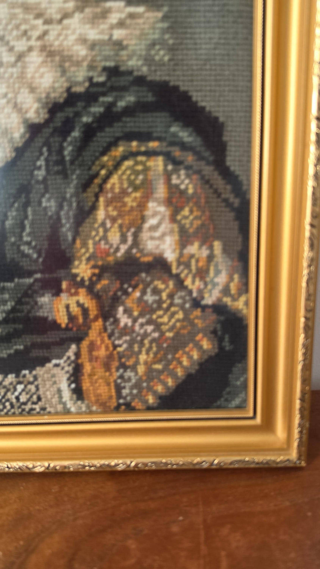 Vintage Framed Needlepoint Portrait, Renaissance Gentleman Cross Stitch Art, Ornate Gold Frame Wall Decor, Victorian Style Textile Art