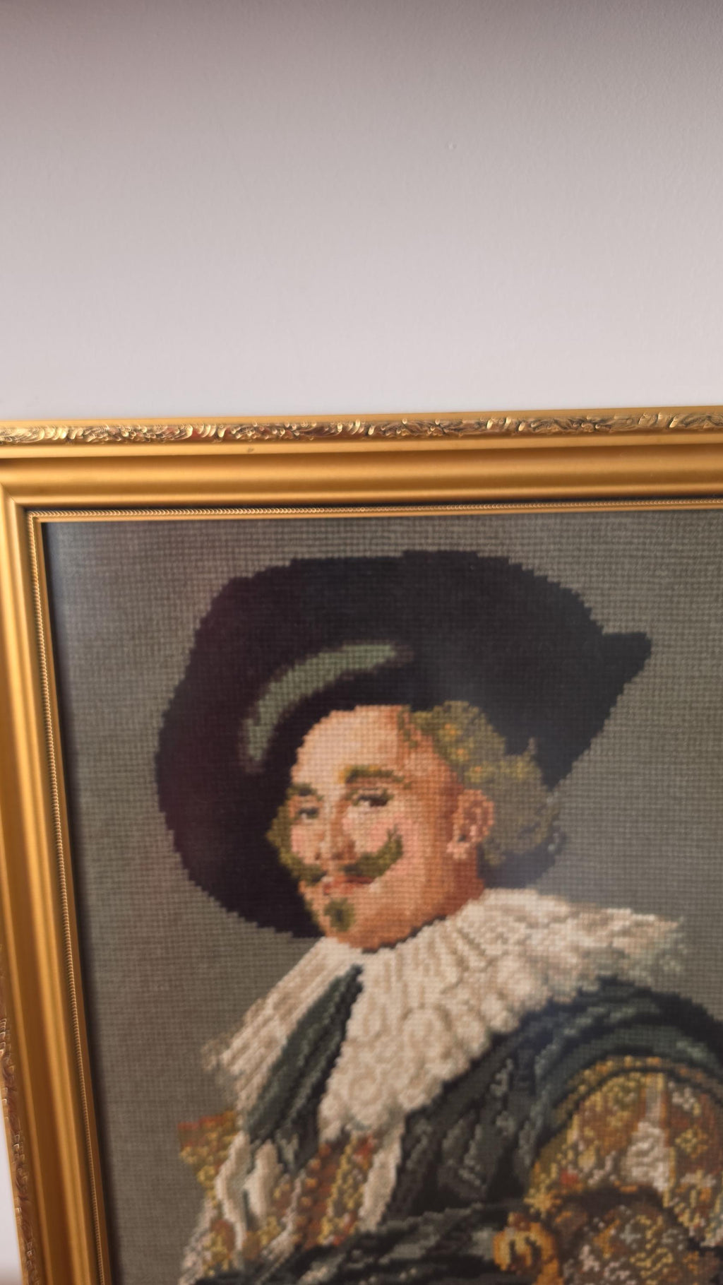 Vintage Framed Needlepoint Portrait, Renaissance Gentleman Cross Stitch Art, Ornate Gold Frame Wall Decor, Victorian Style Textile Art