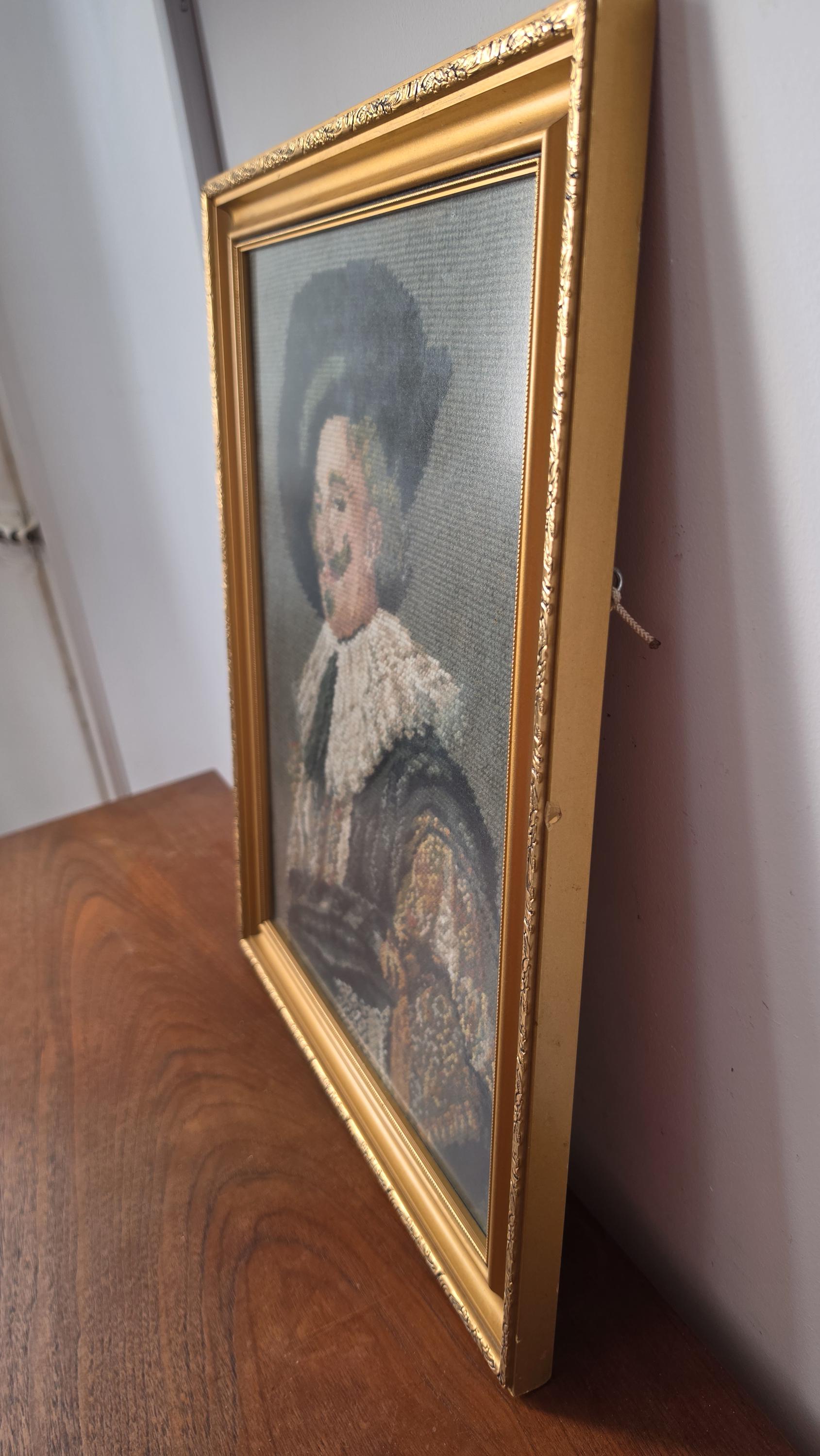 Vintage Framed Needlepoint Portrait, Renaissance Gentleman Cross Stitch Art, Ornate Gold Frame Wall Decor, Victorian Style Textile Art