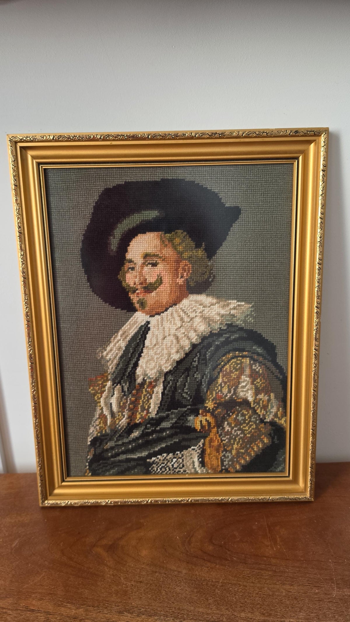 Vintage Framed Needlepoint Portrait, Renaissance Gentleman Cross Stitch Art, Ornate Gold Frame Wall Decor, Victorian Style Textile Art