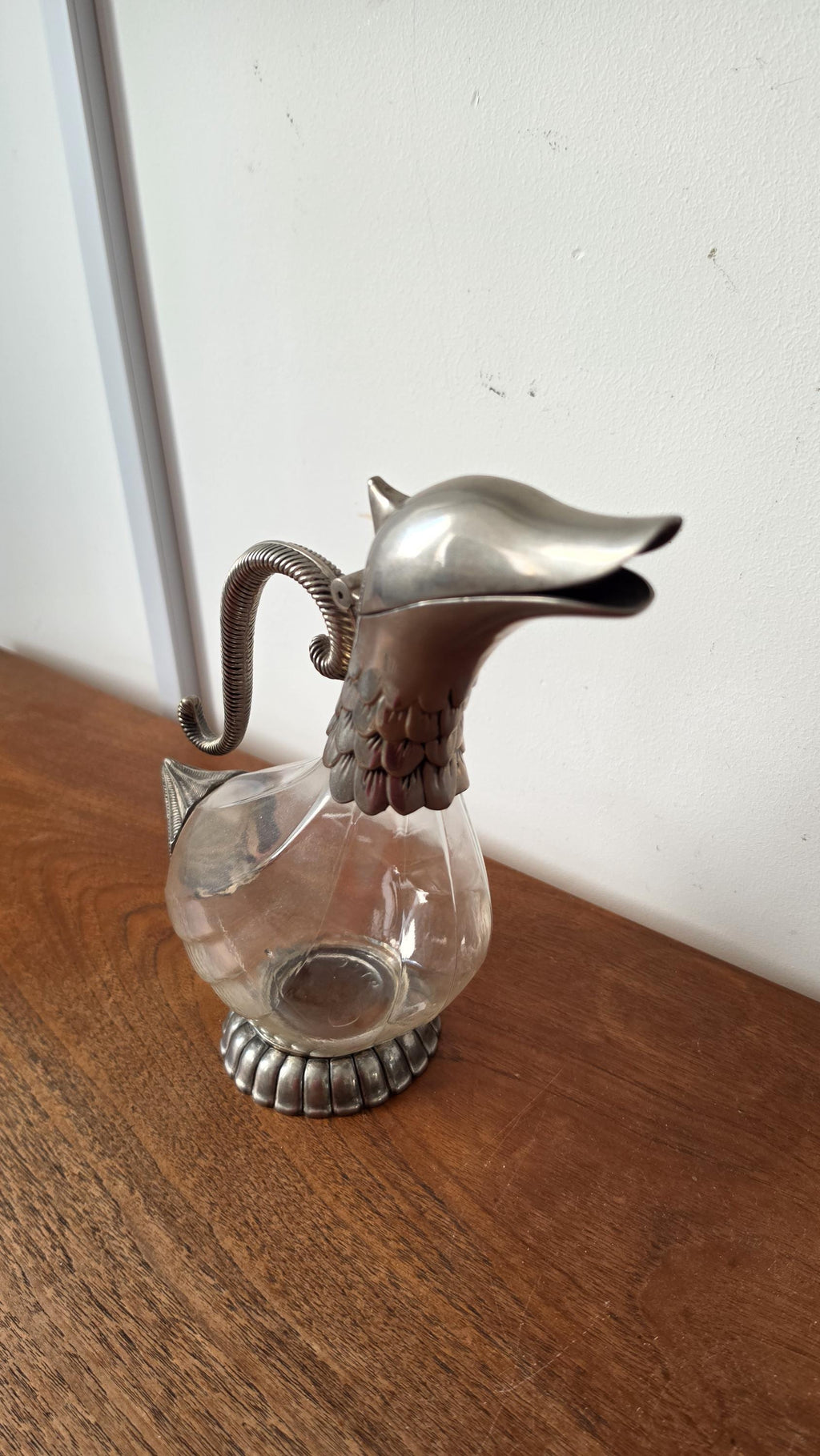 Vintage SILEA Silver Plate & Glass Duck Decanter, 1970s Italian Figural Claret Jug, Mid Century Barware Pitcher