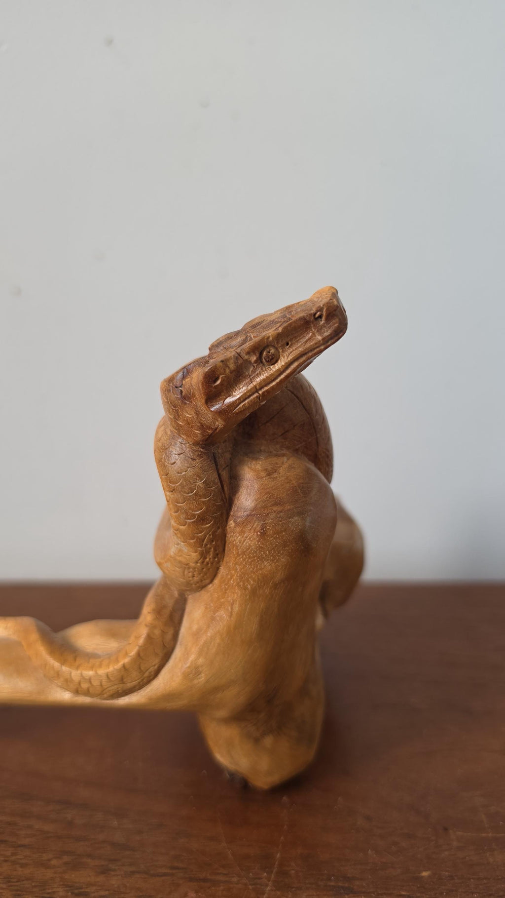 Vintage Hand Carved Wooden Snake Sculpture on Driftwood, Rustic Serpent Folk Art Wood Carving Decor