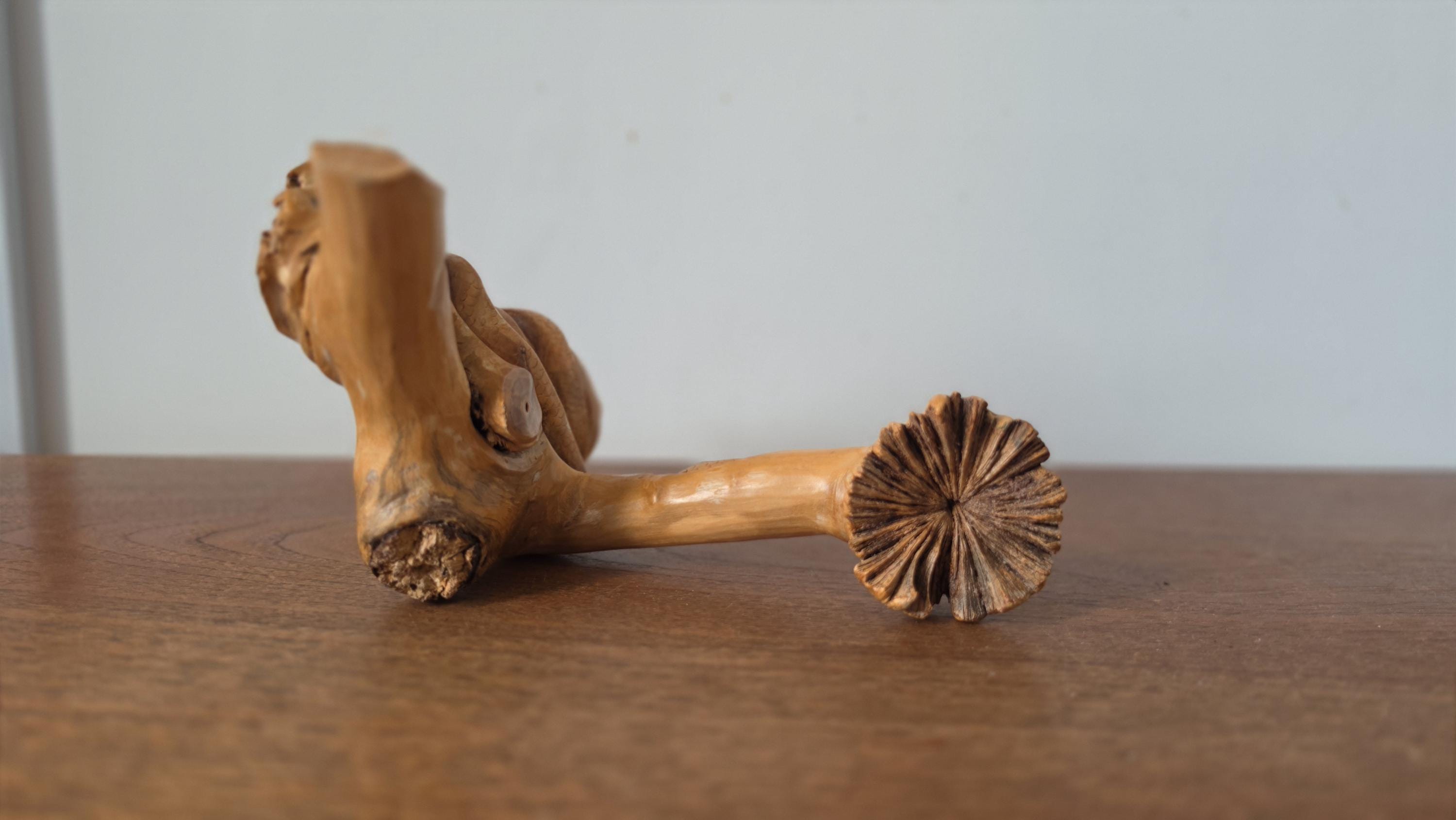 Vintage Hand Carved Wooden Snake Sculpture on Driftwood, Rustic Serpent Folk Art Wood Carving Decor