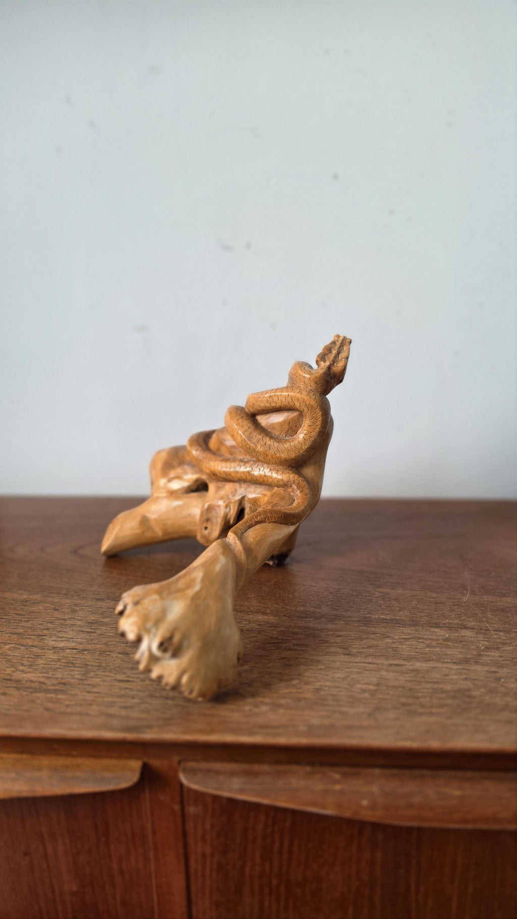 Vintage Hand Carved Wooden Snake Sculpture on Driftwood, Rustic Serpent Folk Art Wood Carving Decor