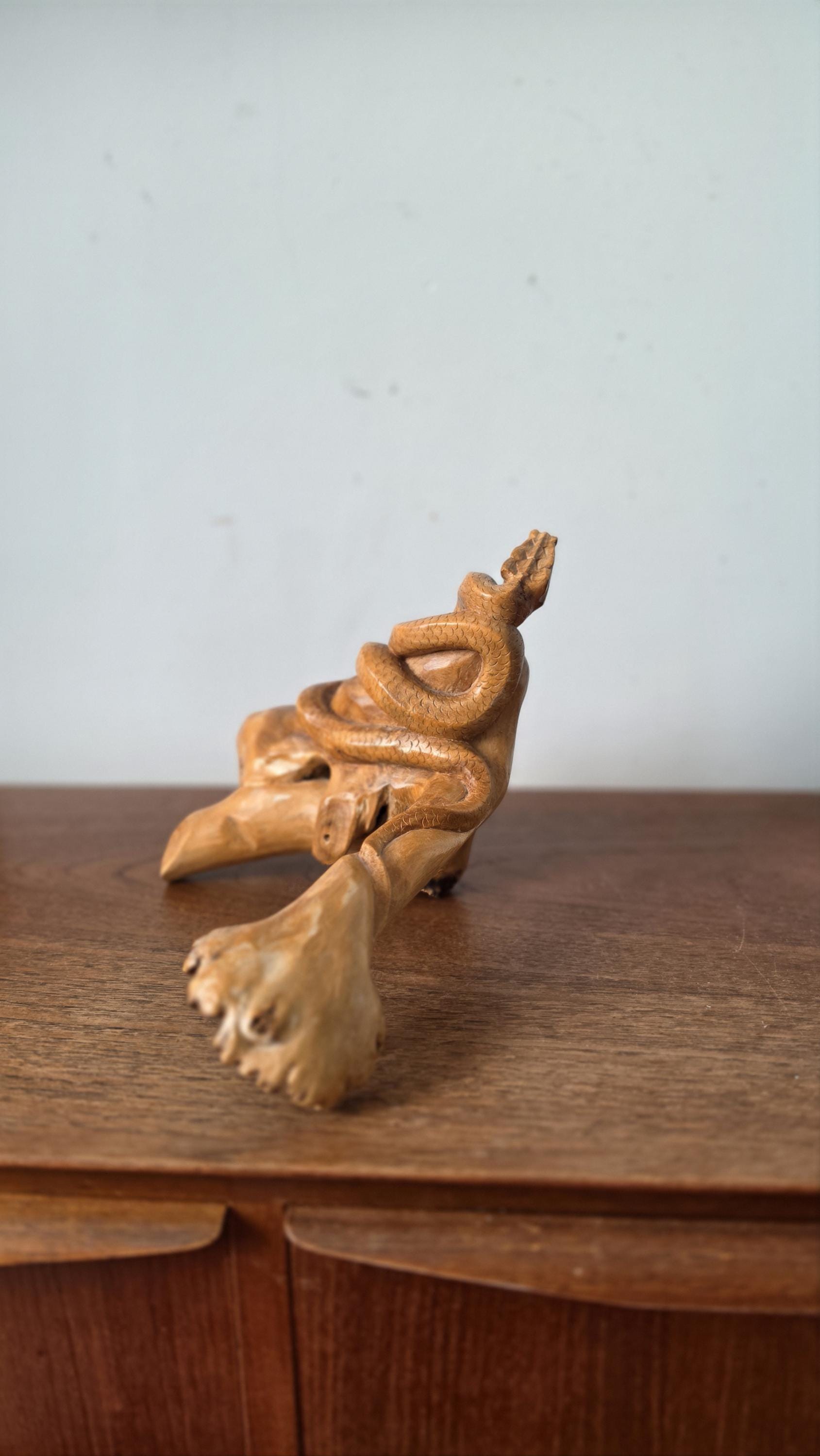 Vintage Hand Carved Wooden Snake Sculpture on Driftwood, Rustic Serpent Folk Art Wood Carving Decor