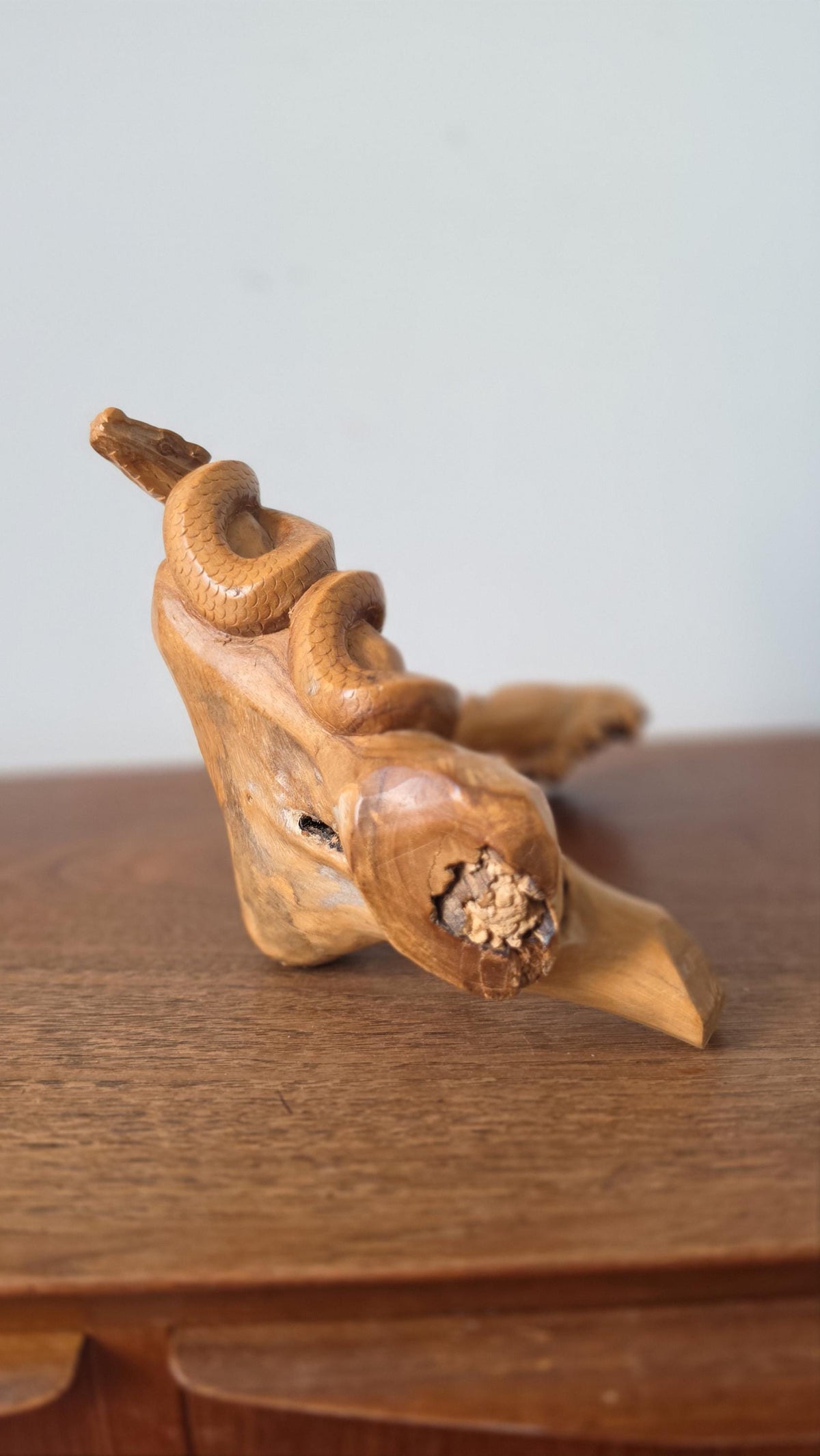 Vintage Hand Carved Wooden Snake Sculpture on Driftwood, Rustic Serpent Folk Art Wood Carving Decor