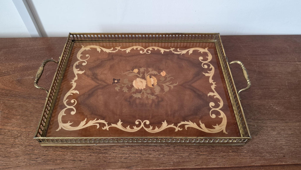 Vintage Napoleon III Style Marquetry Serving Tray, Brass Gallery Wood Tray, French Hollywood Regency Decor