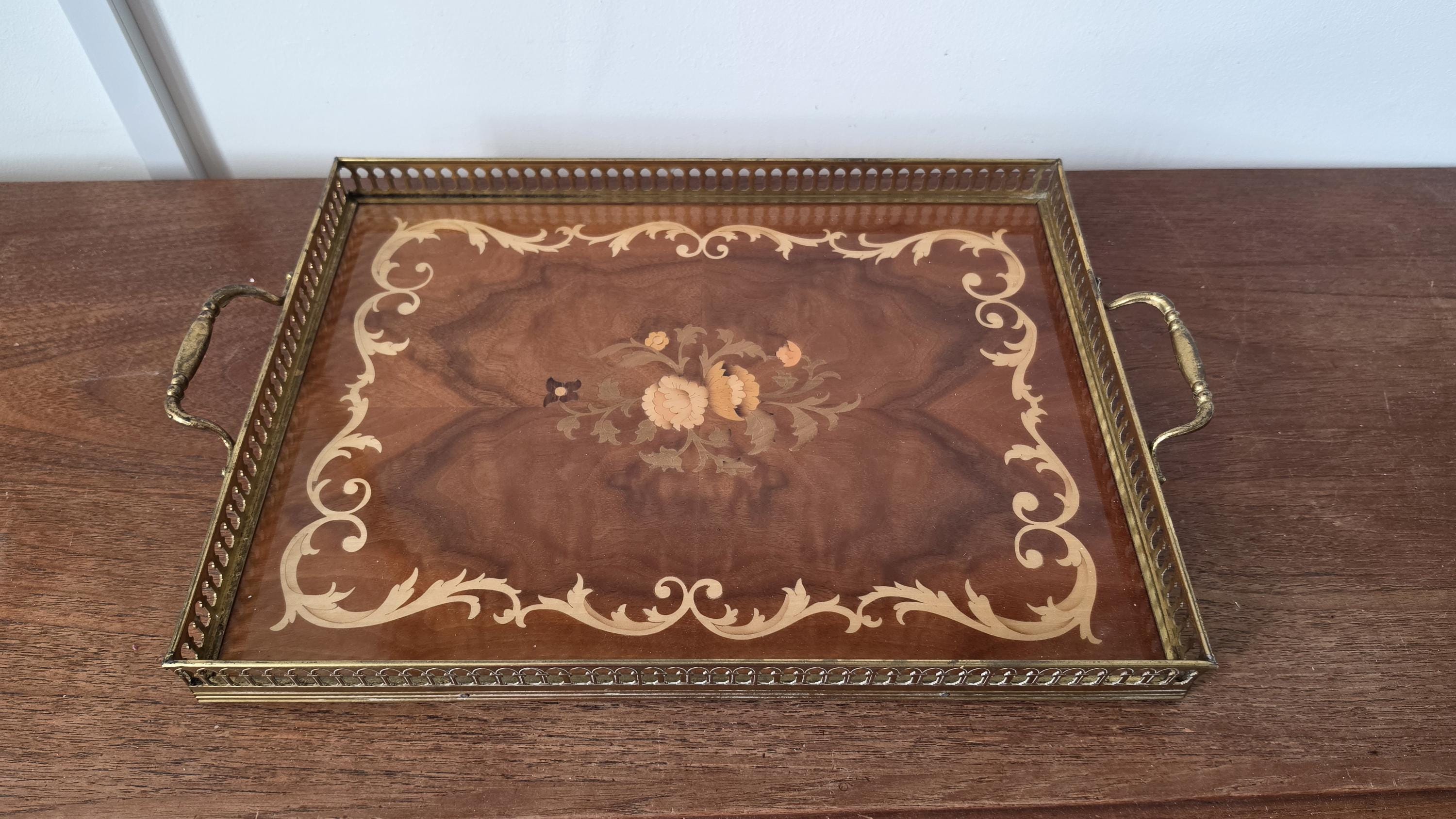 Vintage Napoleon III Style Marquetry Serving Tray, Brass Gallery Wood Tray, French Hollywood Regency Decor