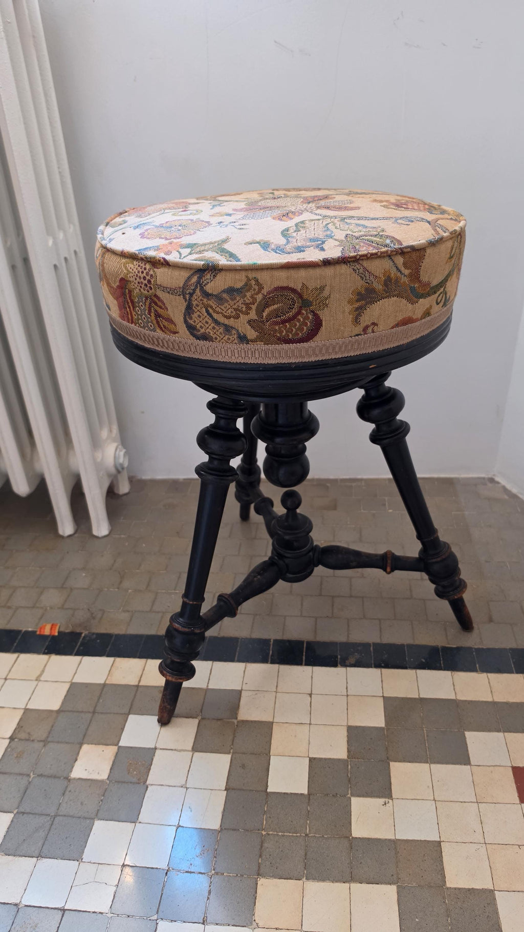 Vintage Piano Stool, Victorian Style Adjustable Stool, English Tudor Seat, Floral Needlepoint Vanity Stool, Dark Wood Turned Stool