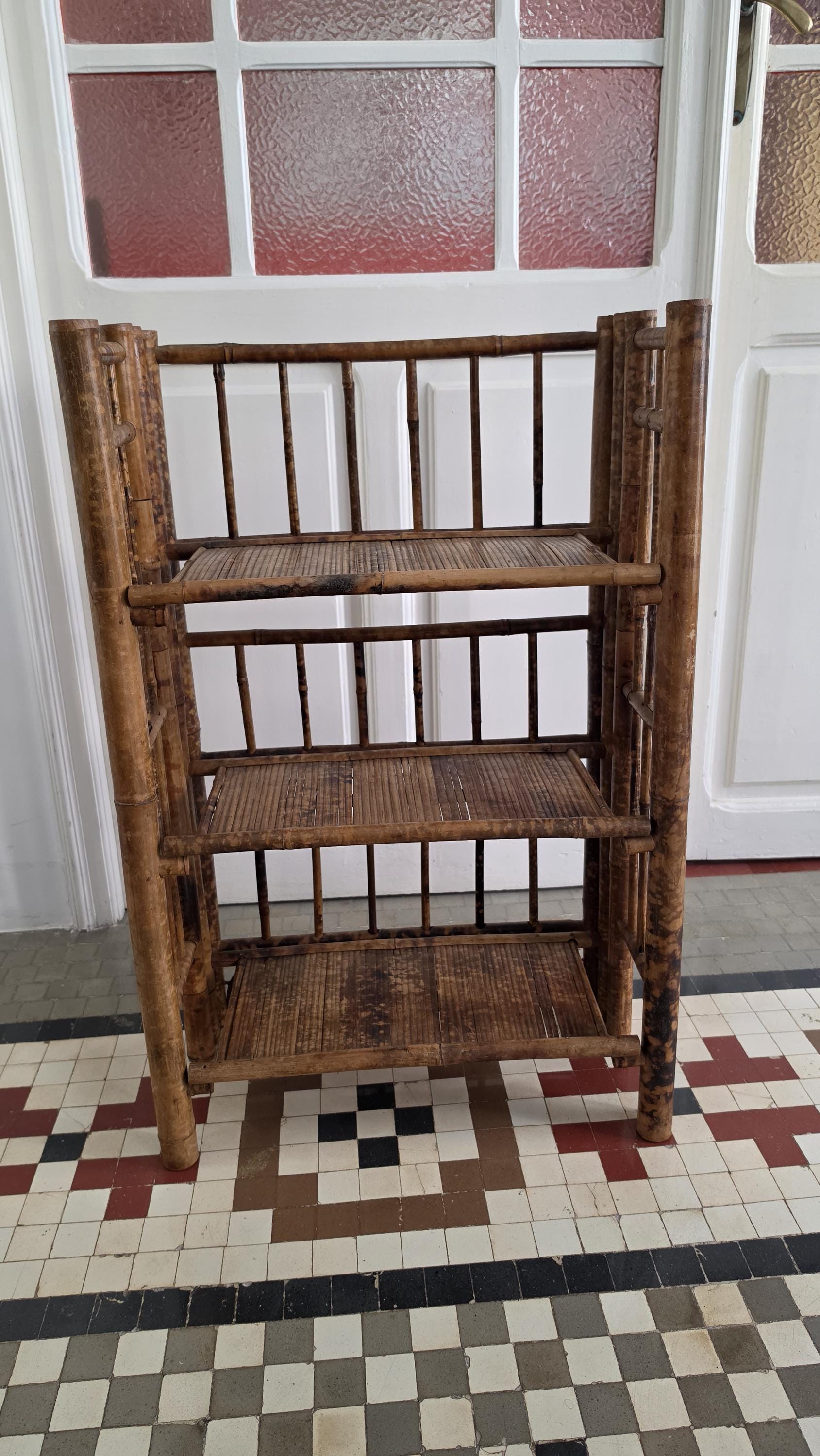 Vintage Tiger Bamboo Shelf, Chinese Bamboo Bookcase, Real Bamboo Etagere, Hollywood Regency Rattan Shelving, Coastal Boho Display Rack