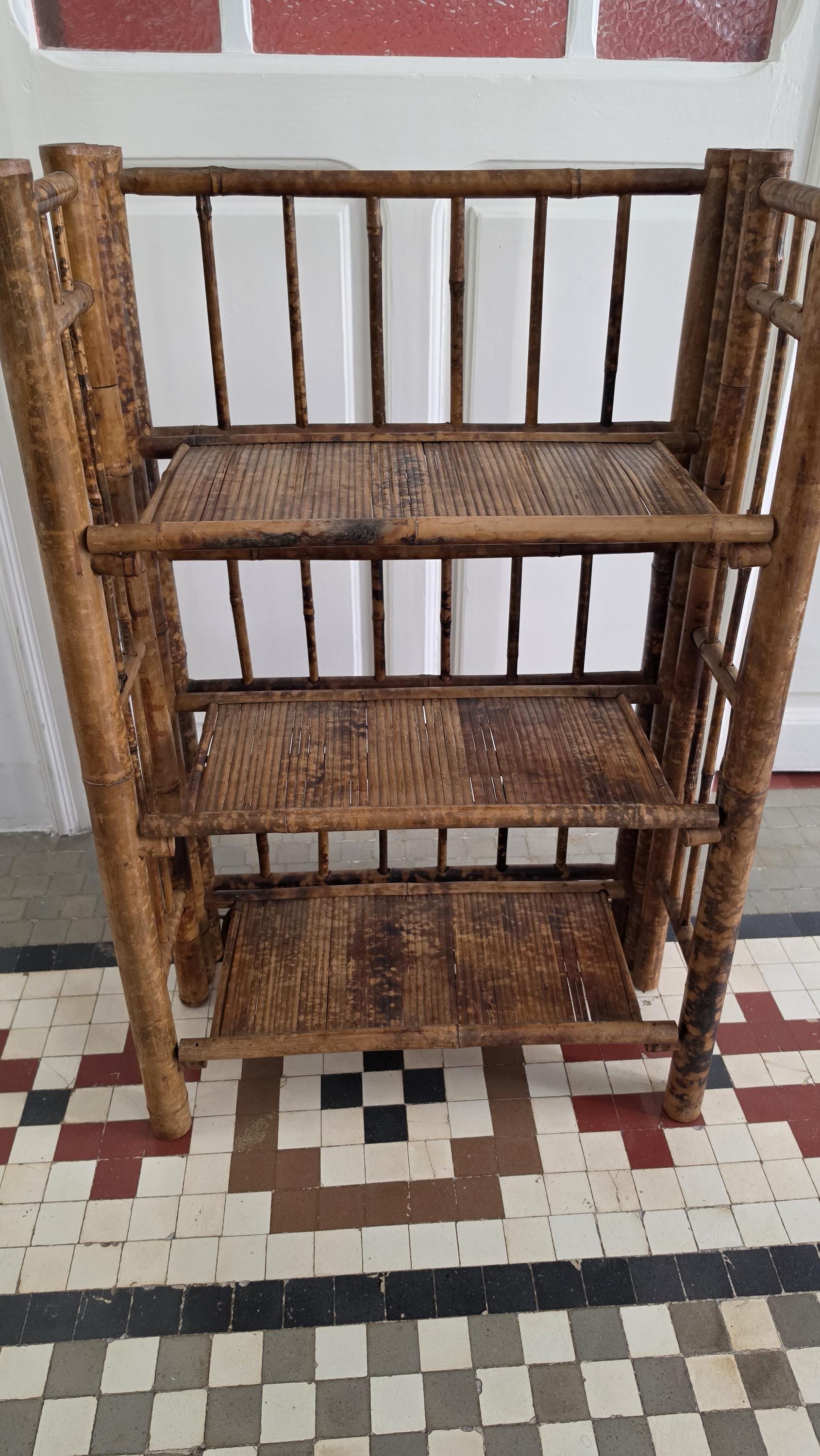 Vintage Tiger Bamboo Shelf, Chinese Bamboo Bookcase, Real Bamboo Etagere, Hollywood Regency Rattan Shelving, Coastal Boho Display Rack