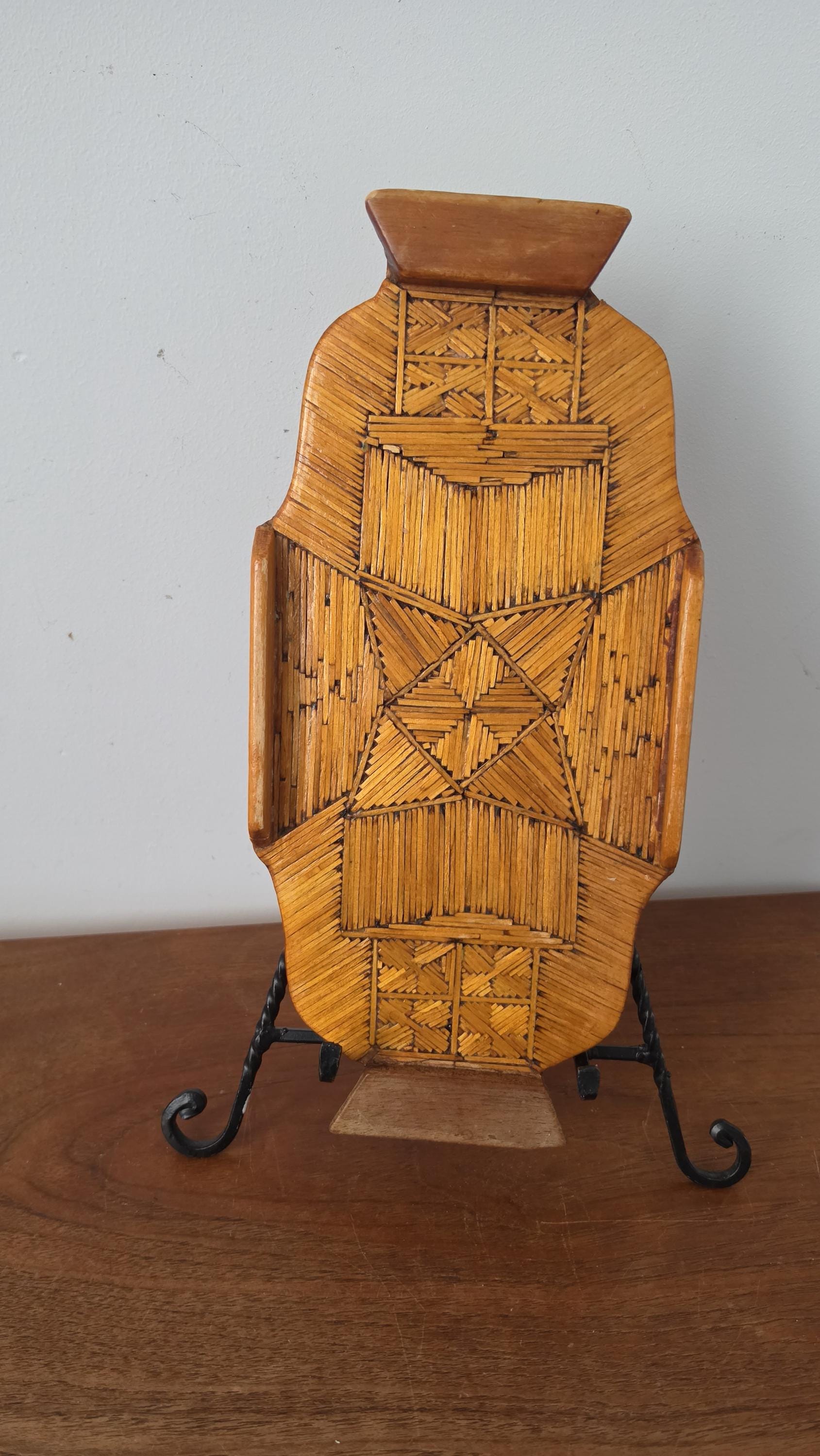 Vintage Tramp Art Matchstick Tray, Folk Art Wooden Catchall, Black Forest Style Match Holder, Rustic Cabin Decor, Handcrafted Boho Tray