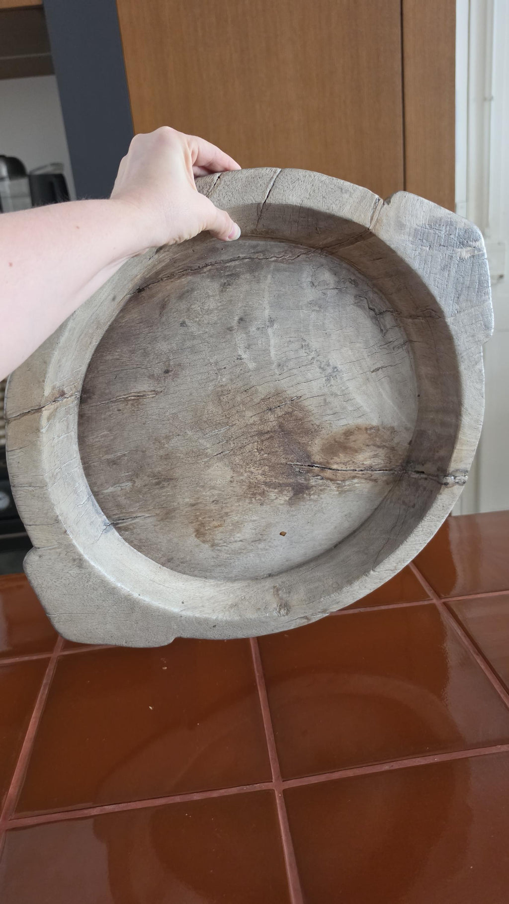 Vintage Hand Carved Wooden Dough Bowl, Primitive Farmhouse Bread Bowl, Rustic European Kitchen Decor, Wabi Sabi Wood Tray