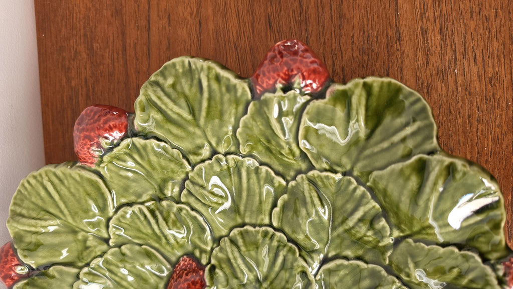 Vintage Majolica Strawberry Plate, Portuguese Ceramic Strawberry Platter, Cottagecore Serving Dish, Botanical Fruitware Decor