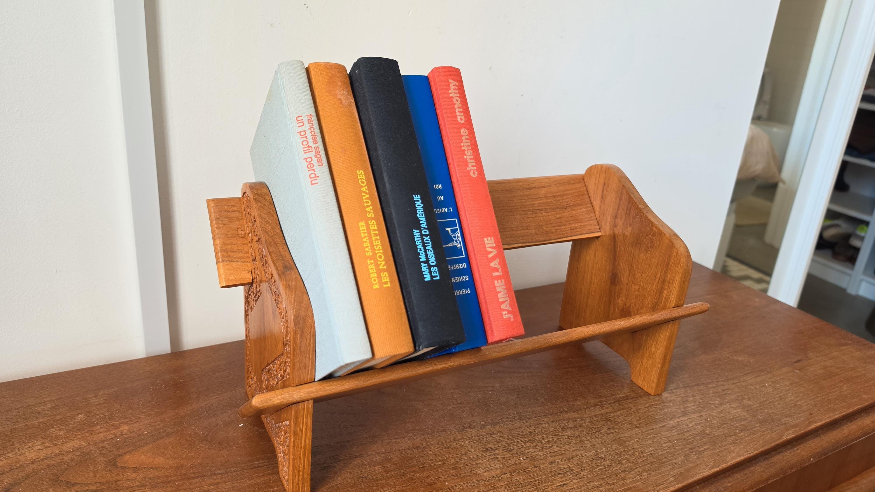 Vintage Hand Carved Wooden Magazine Rack, Boho Teak Book Holder, Folk Art Newspaper Stand, Mid Century Rustic Wood Storage