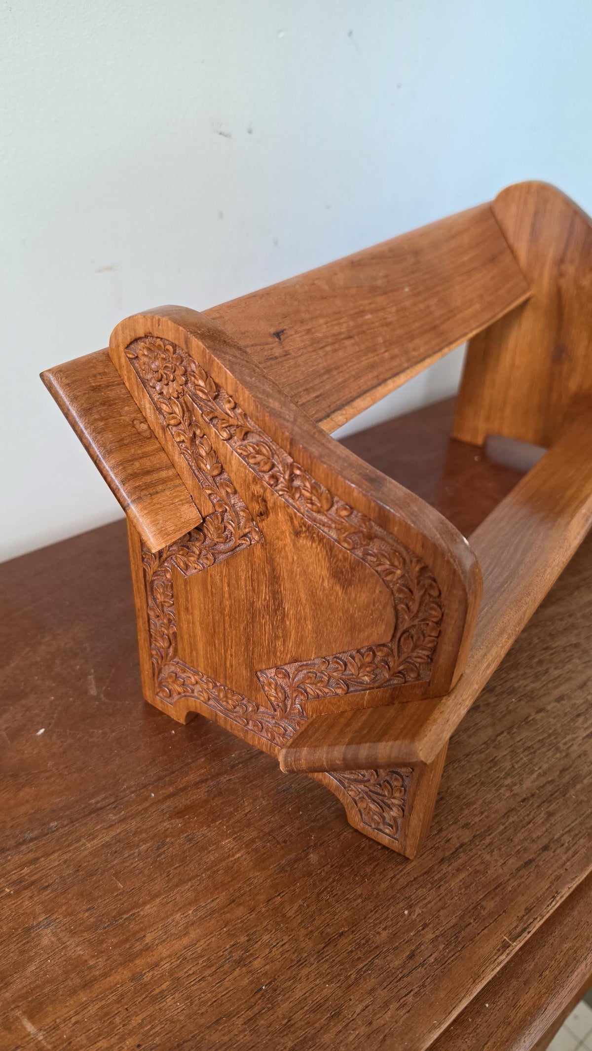 Vintage Hand Carved Wooden Magazine Rack, Boho Teak Book Holder, Folk Art Newspaper Stand, Mid Century Rustic Wood Storage