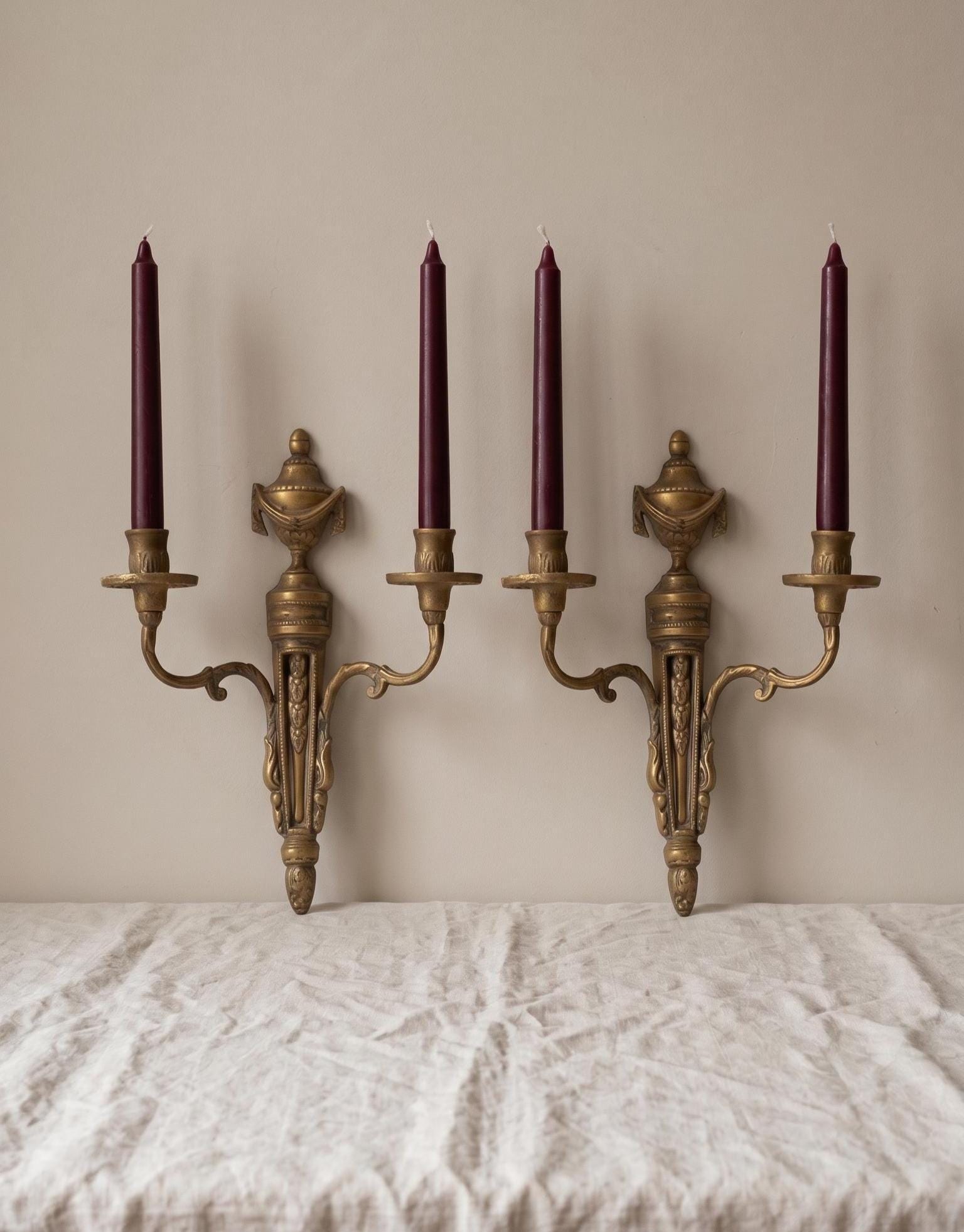 Pair Vintage Bronze Wall Candle Sconces