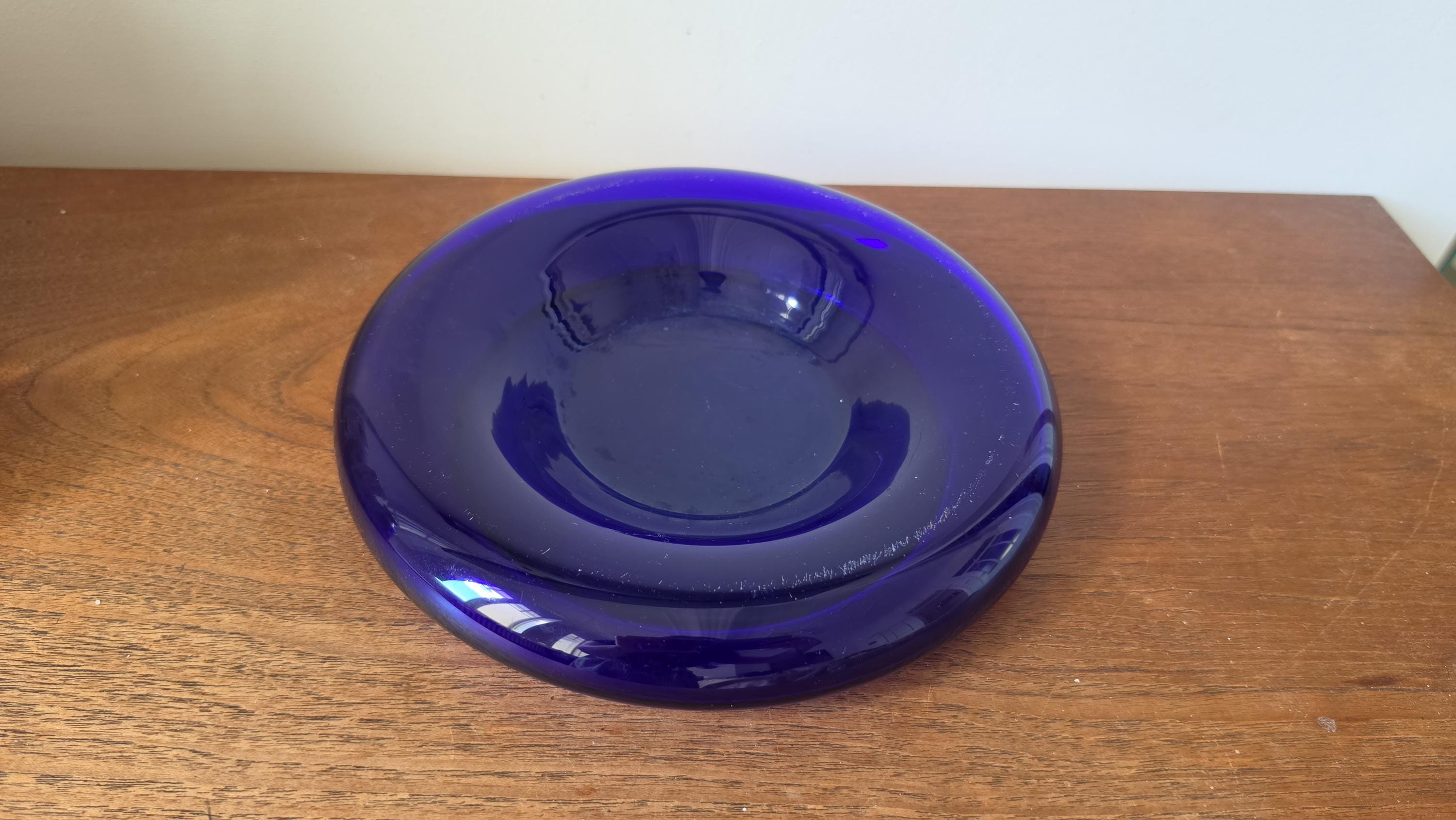 Vintage Cobalt Blue Glass Bowl, Mid Century Modern Art Glass Dish, Heavy Scandinavian Style Centerpiece, Sapphire Blue Catchall