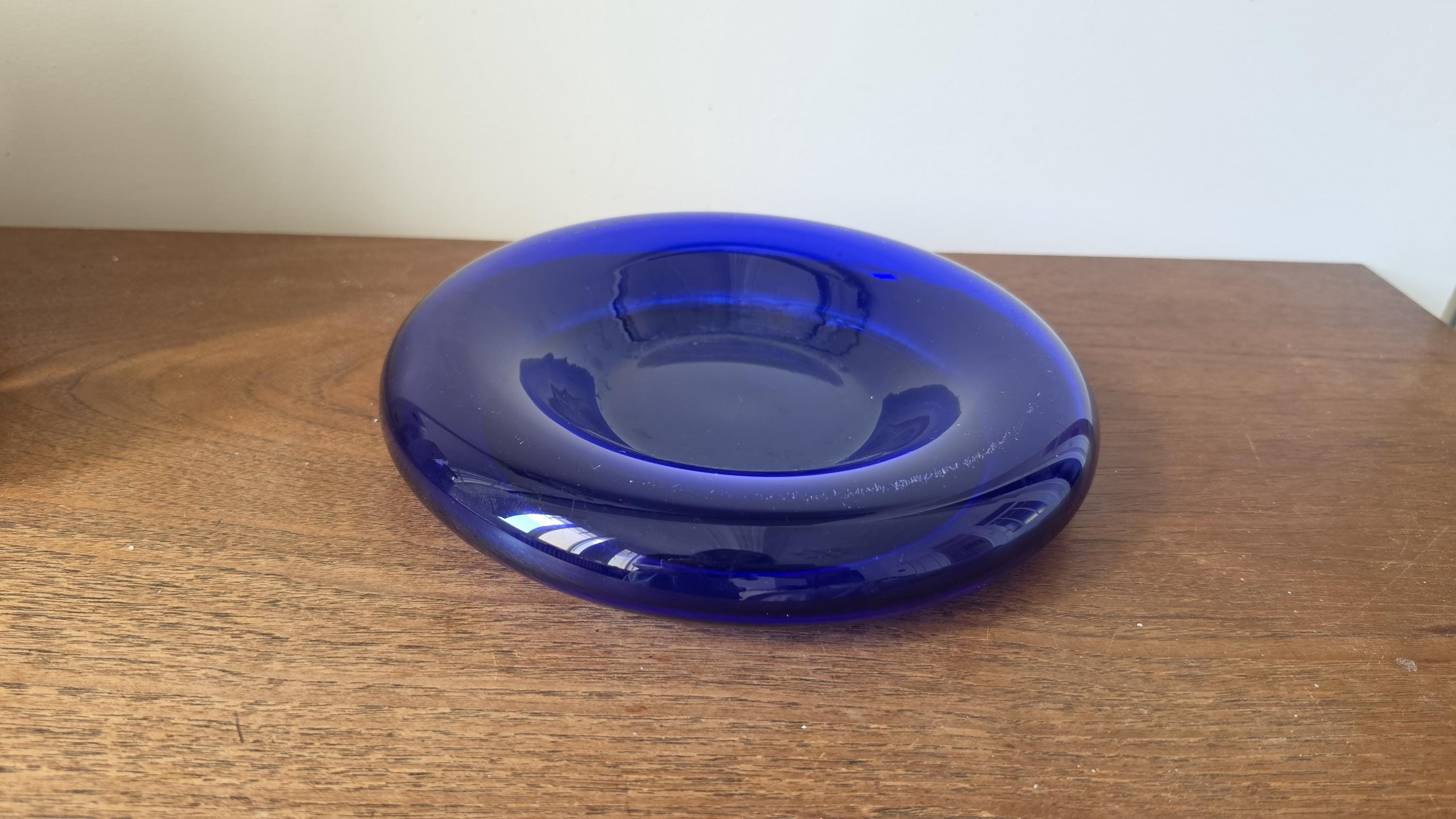 Vintage Cobalt Blue Glass Bowl, Mid Century Modern Art Glass Dish, Heavy Scandinavian Style Centerpiece, Sapphire Blue Catchall
