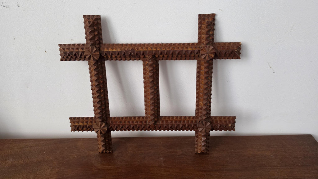 Vintage Tramp Art Double Picture Frame, Hand Carved Folk Art Wooden Frame, Rustic Cabin Decor, Primitive Black Forest Style