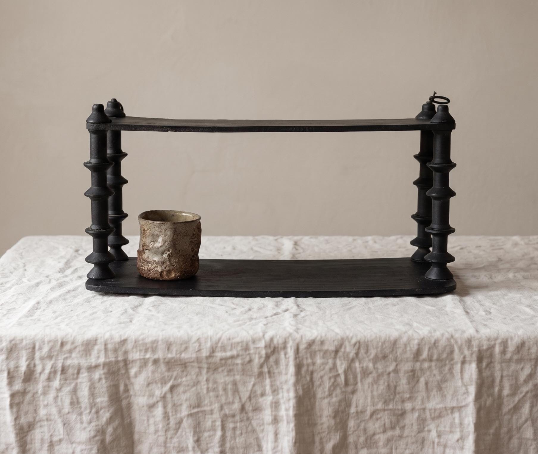 Vintage Wooden black Tiered Shelf, Turned Spindle Display Stand, Rustic 2 Tier Wall Shelf, Folk Art Wood Rack, Cottage Decor