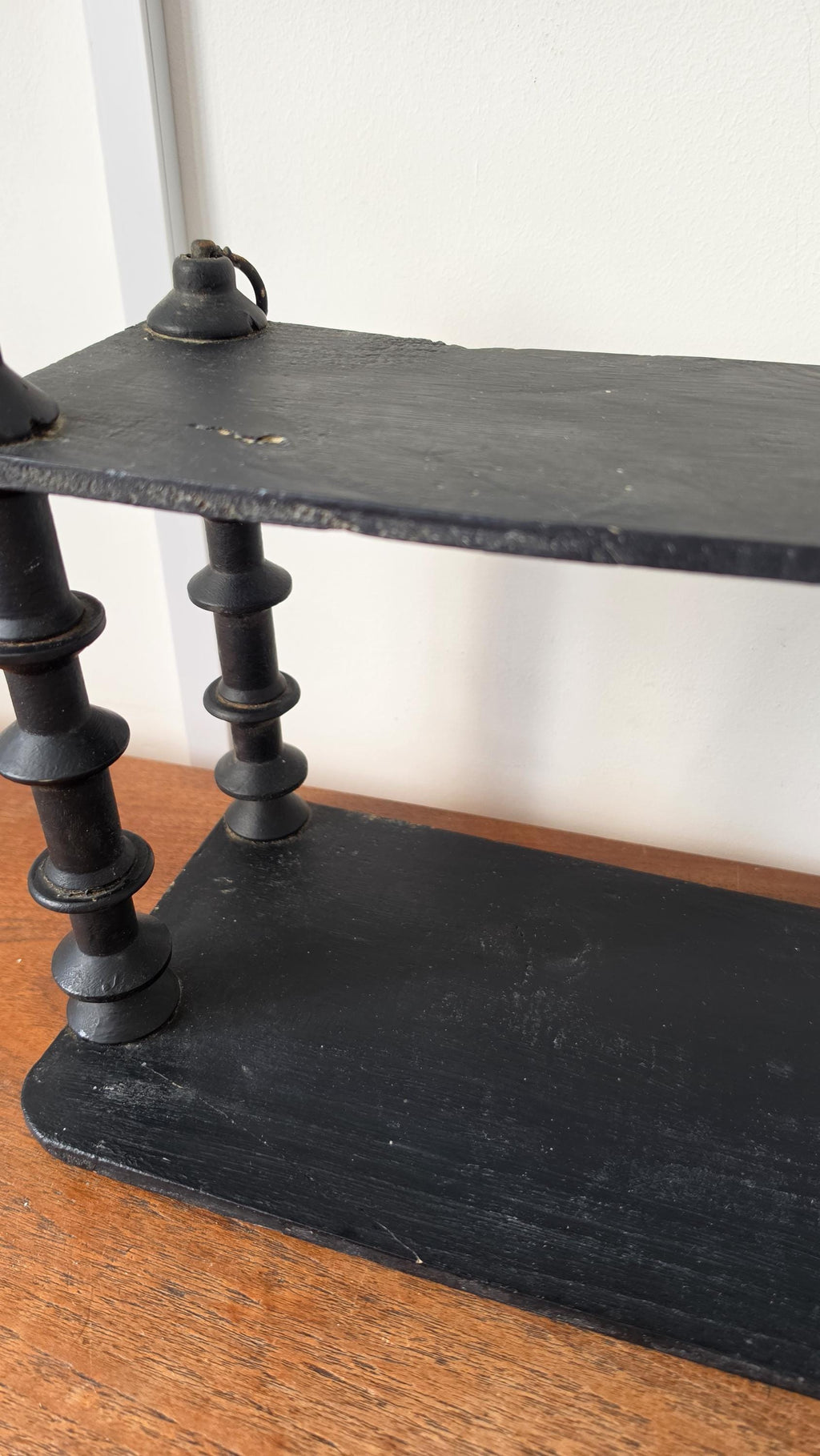 Vintage Wooden black Tiered Shelf, Turned Spindle Display Stand, Rustic 2 Tier Wall Shelf, Folk Art Wood Rack, Cottage Decor